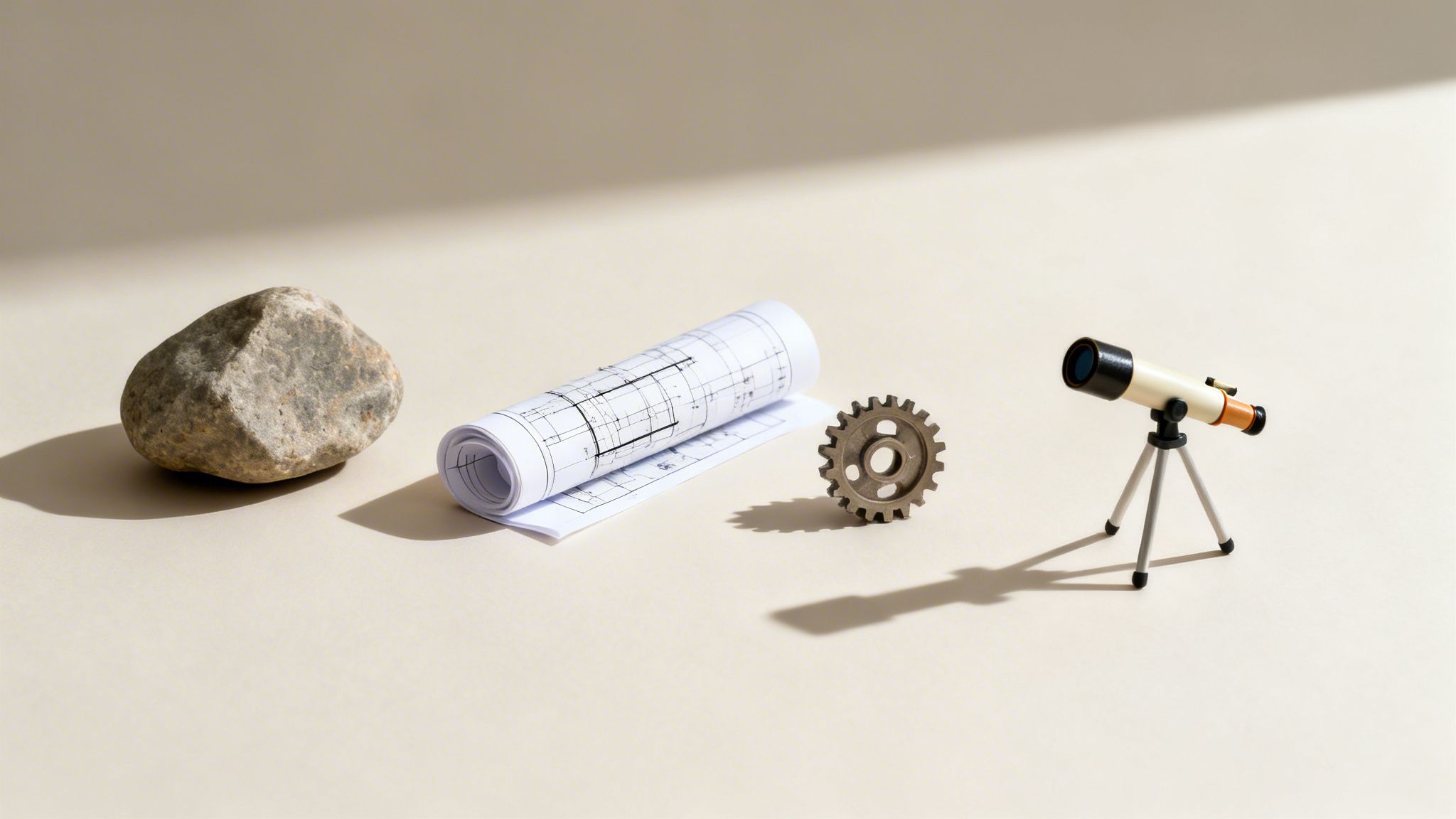 A rock, rolled blueprint, metal gear, and telescope on a light surface with shadows.