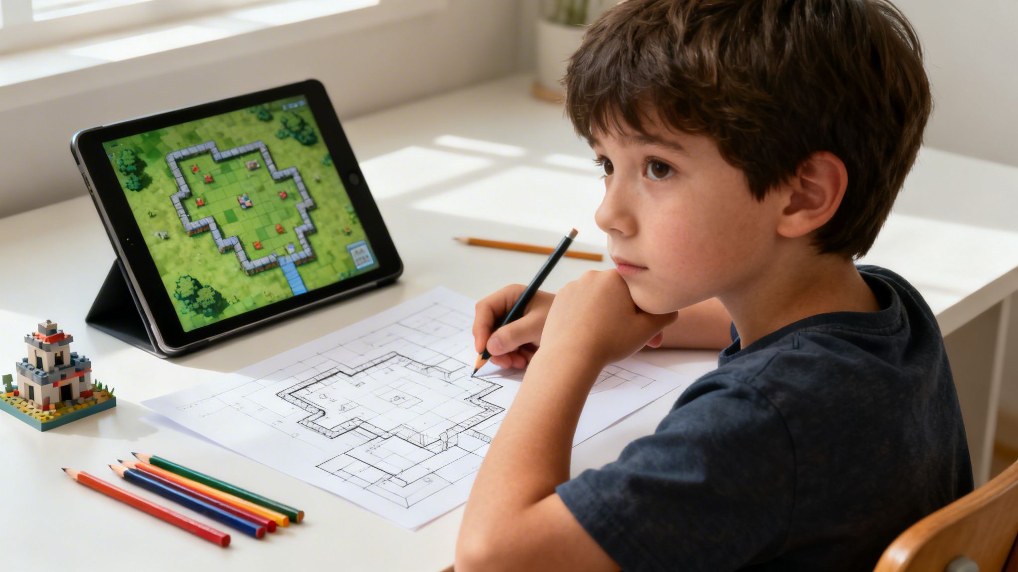 A young boy drawing a game map or blueprint on paper next to a tablet showing a base builder game.