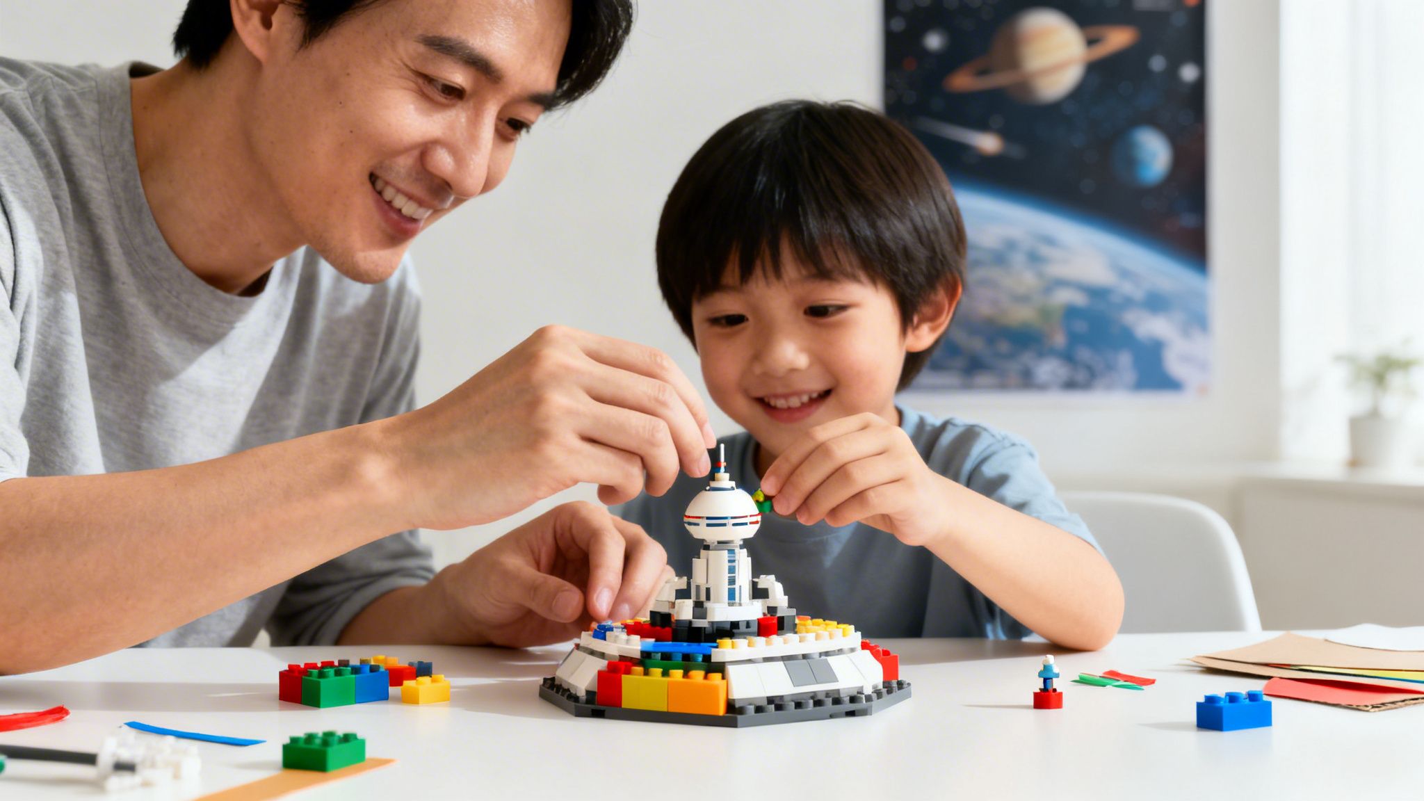 Happy father and son building a Lego space base together, smiling at their creation.