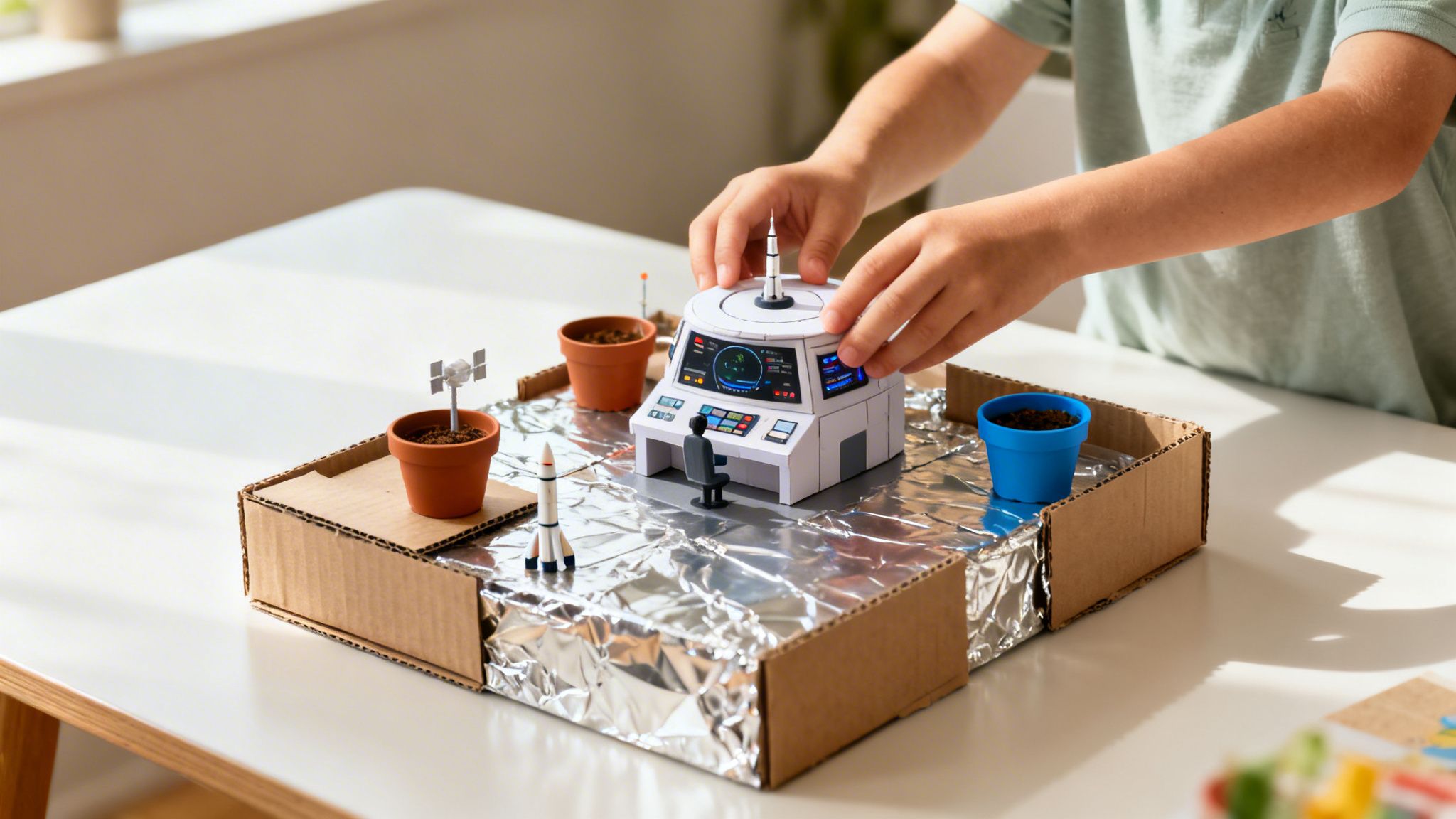 Child's hands playing with a DIY space exploration base, featuring a control center, rockets, and plant pots.