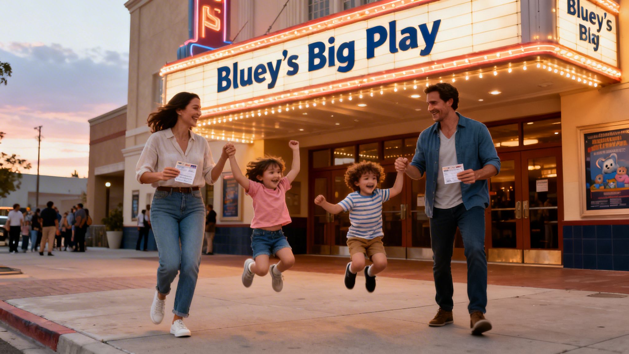 A joyful family, including two kids, leaps in front of a theater marquee for "Bluey's Big Play".