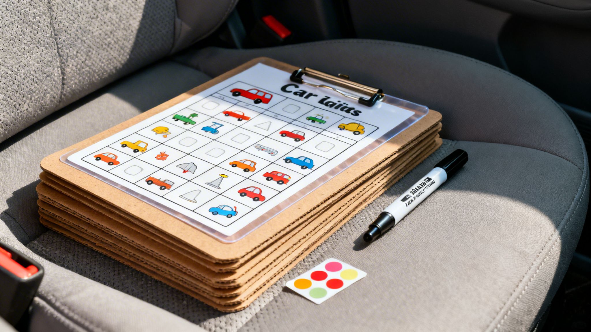 A 'Car laidas' (Car bingo) game sheet, marker, and stickers on a car seat.