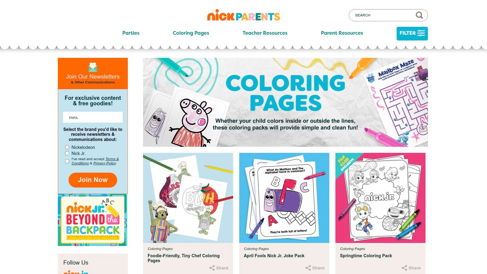 A collage of Nickelodeon characters on a printable colouring page.