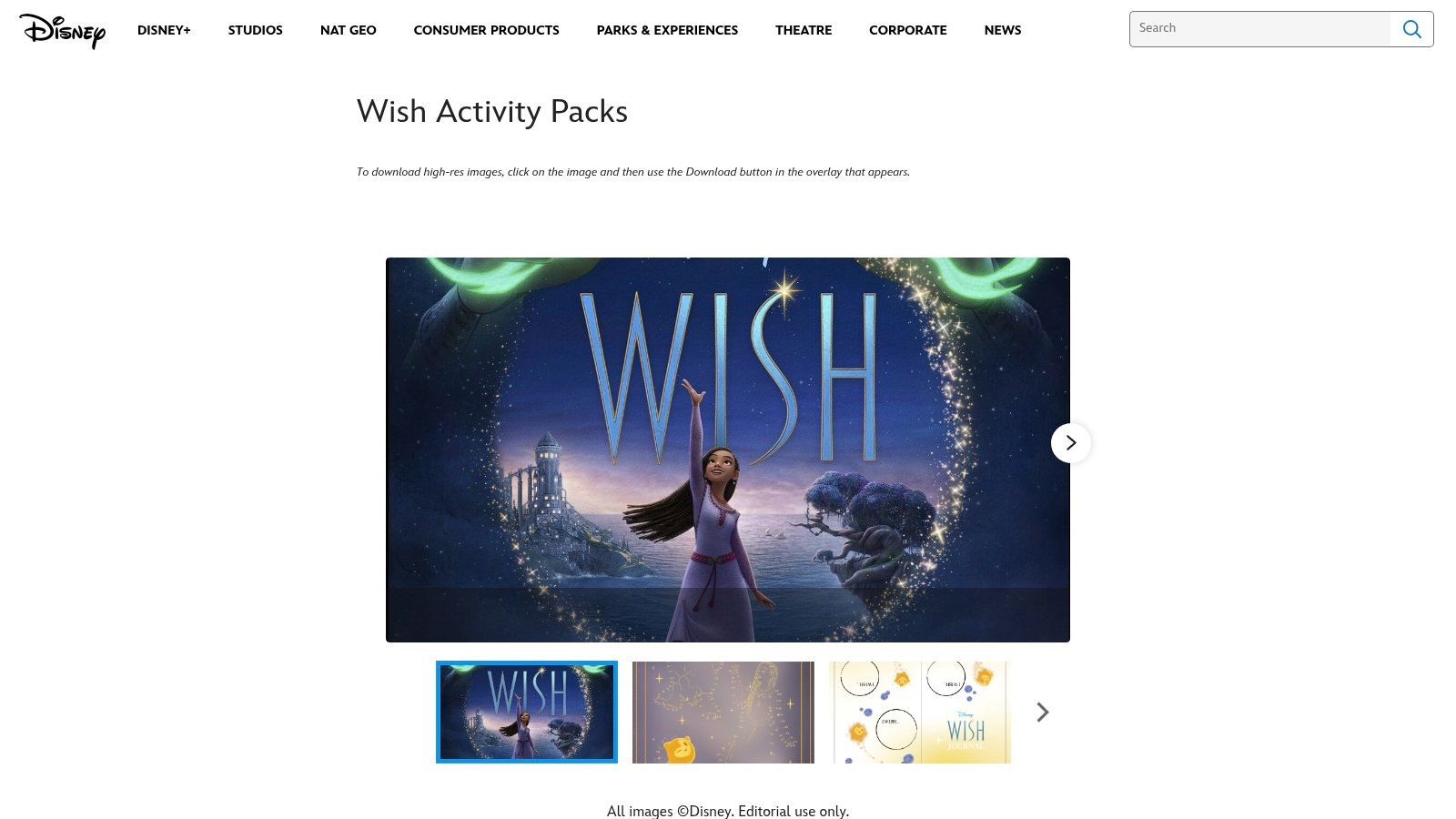 A black and white activity sheet from Disney's "Wish" showing the main characters Asha and Star ready to be coloured in.