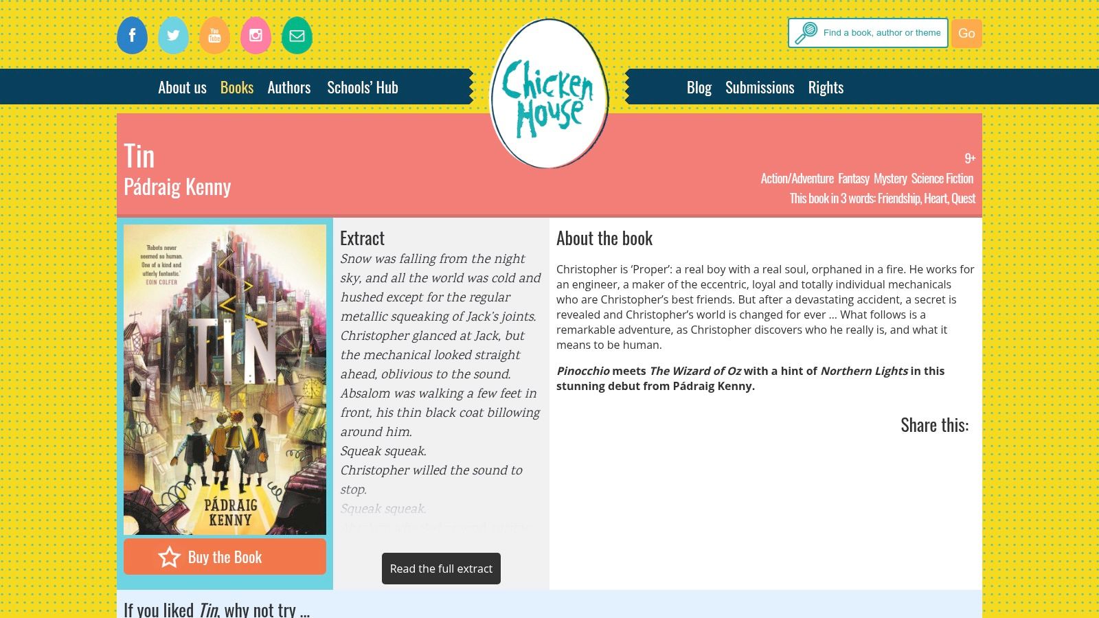 The book cover for 'Tin' shows a small robot boy with glowing blue eyes, looking up against a dark, industrial city backdrop with cogs and machinery.