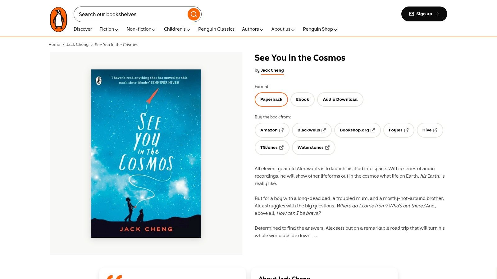 Book cover for 'See You in the Cosmos' by Jack Cheng, featuring an illustration of a boy holding a golden dog, with a rocket and stars in the background.