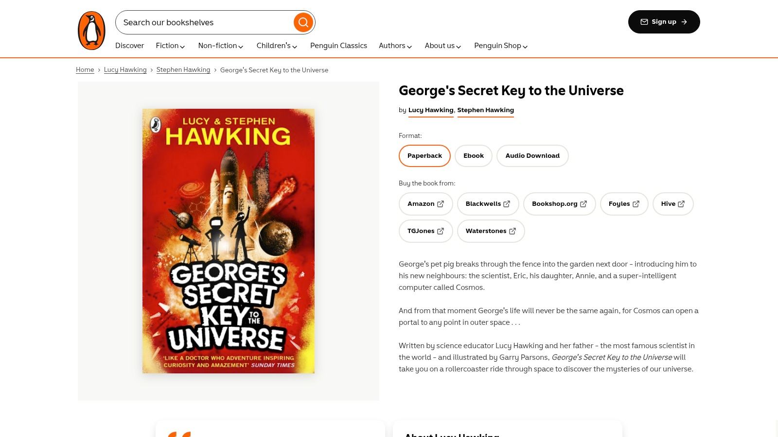 A book cover for 'George’s Secret Key to the Universe' showing a young boy in a spacesuit floating above Earth, with stars and planets in the background.