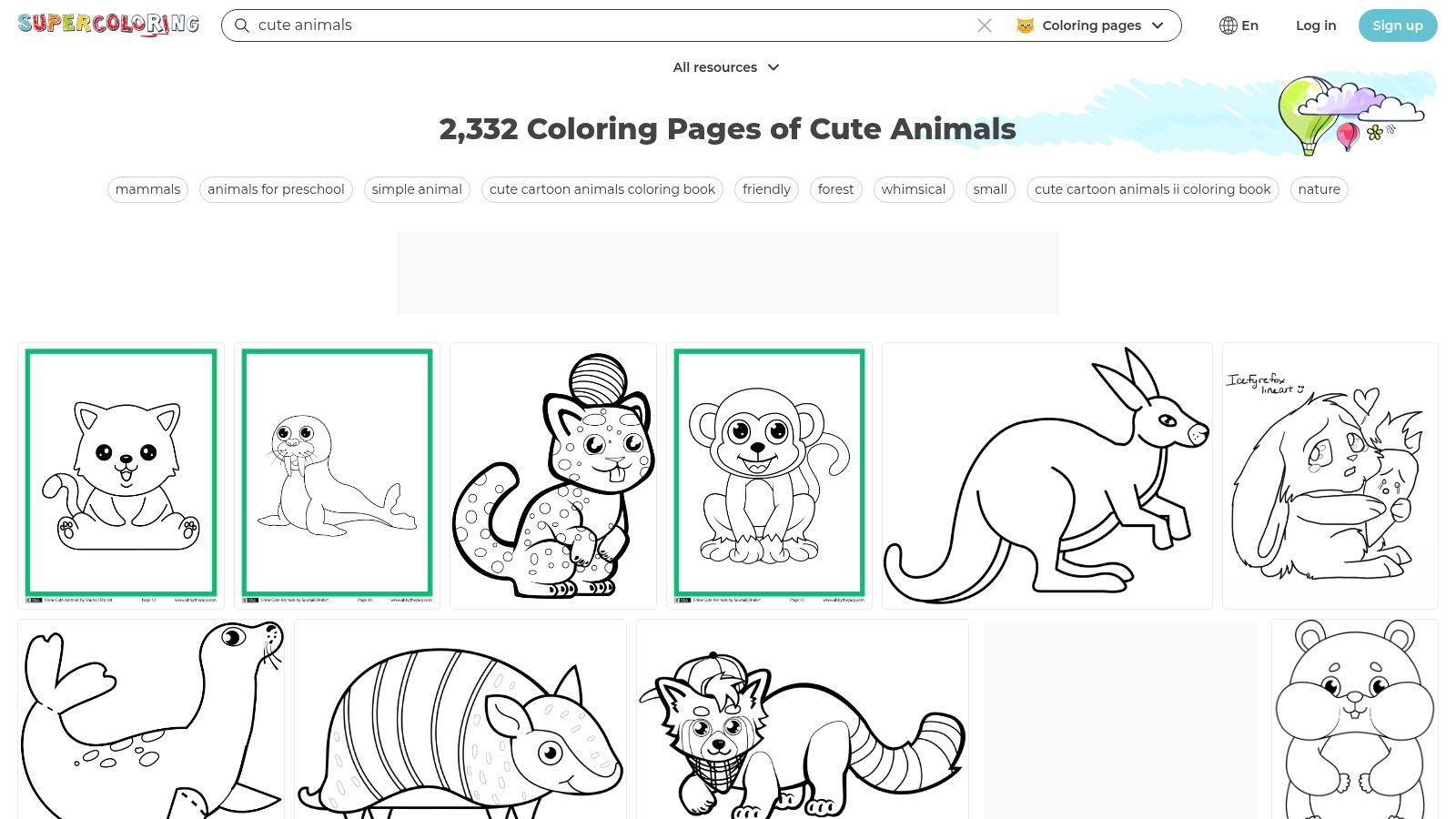 A screenshot of the SuperColoring website showing a grid of cute animal colouring pages, including a kawaii cat, a baby fox, and a simple bird.