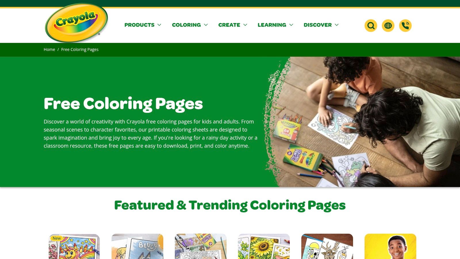 A screenshot of the Crayola website showing a grid of colourful, cute colouring pages featuring animals and whimsical characters.