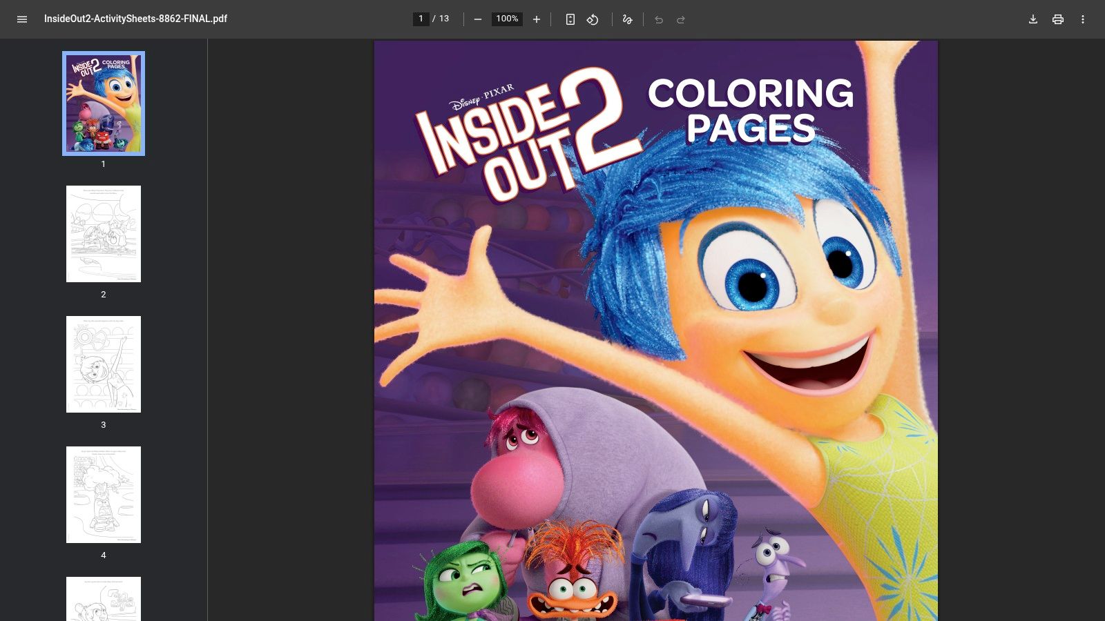 A collage of activity sheets from the Inside Out 2 pack, featuring colouring pages of Anxiety, Joy, and a 'spot the difference' game.