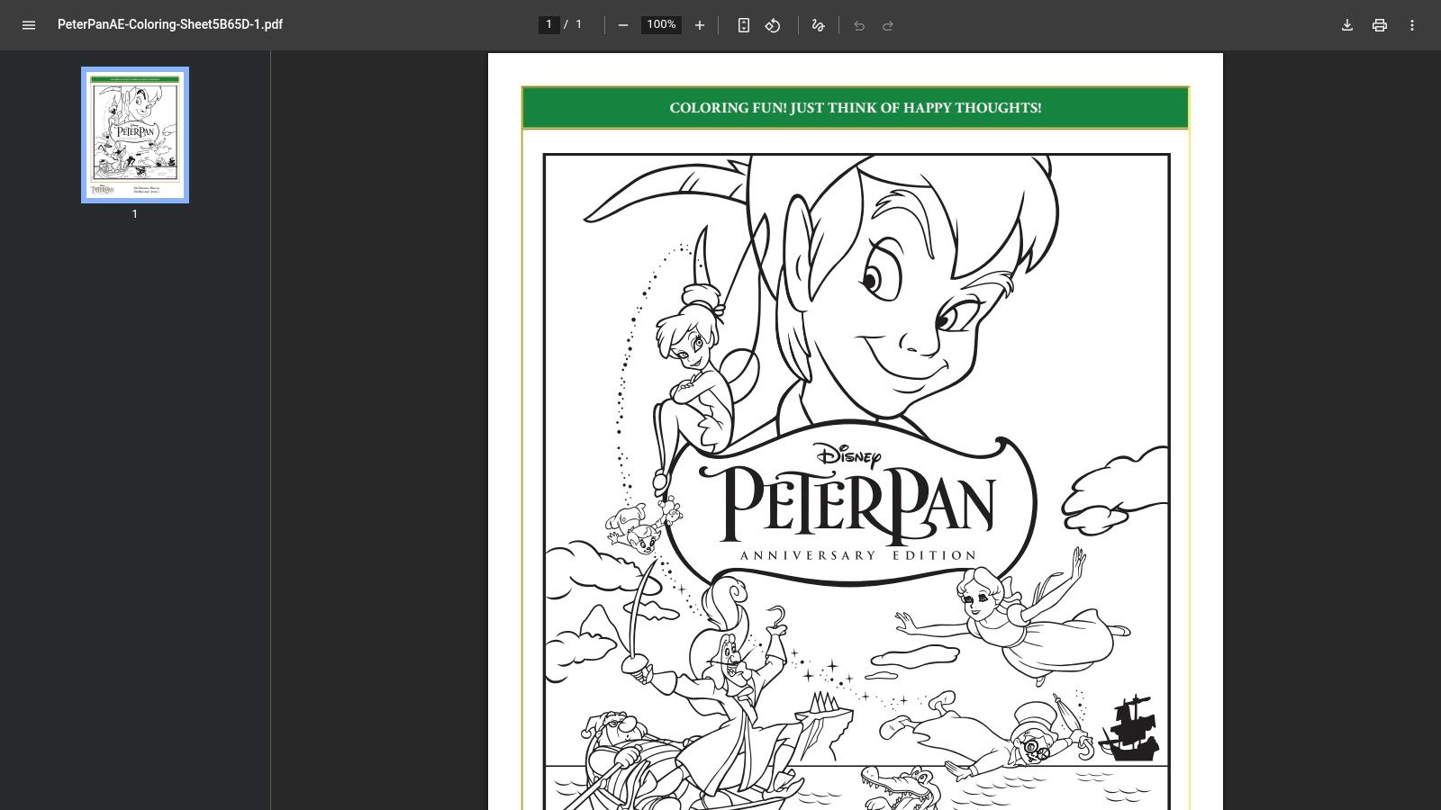 A classic black and white line drawing of Peter Pan, Wendy, John, and Michael flying over a stylised London skyline, ready for colouring.