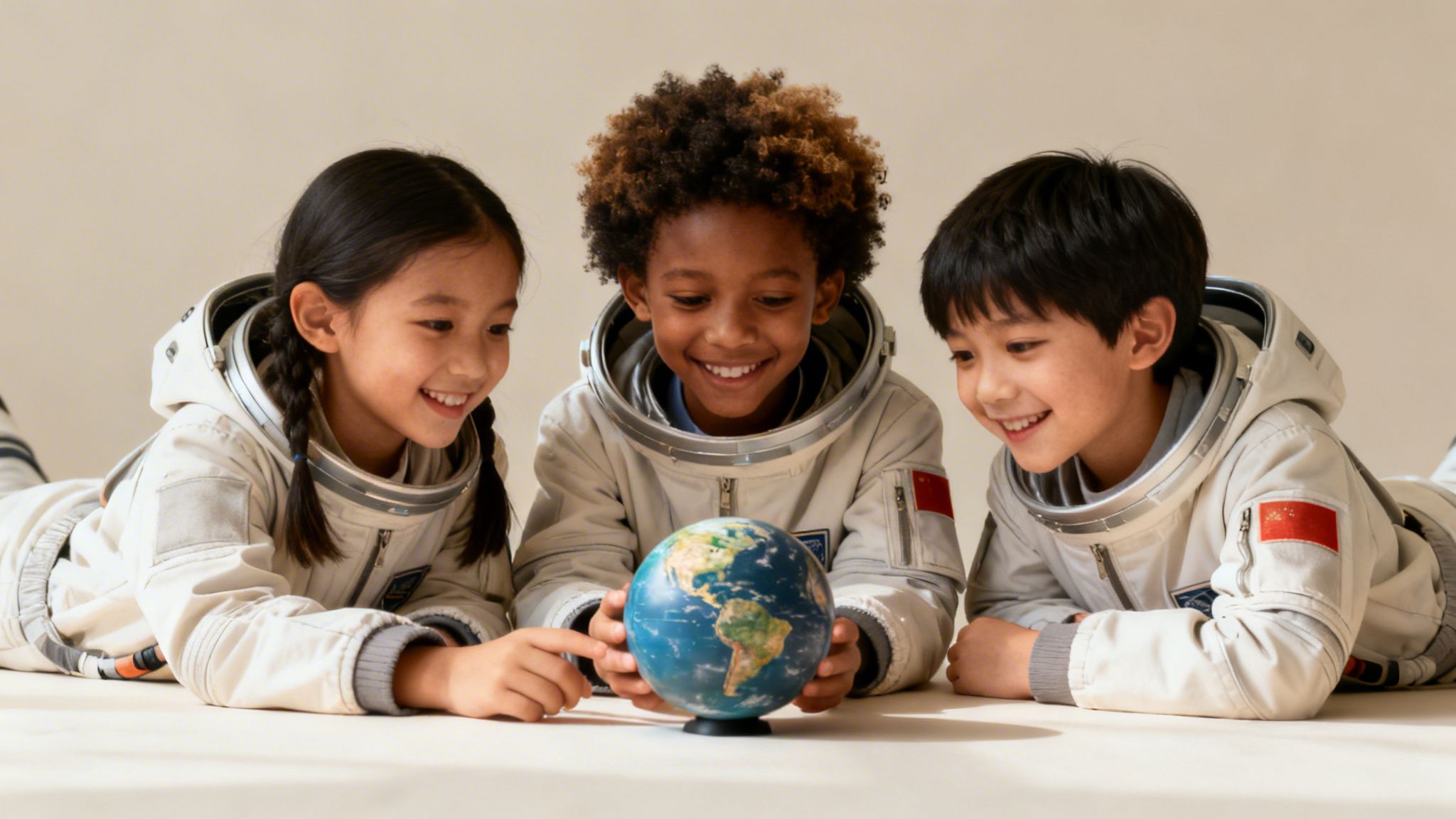 Three diverse children in astronaut suits smiling and looking at a globe.