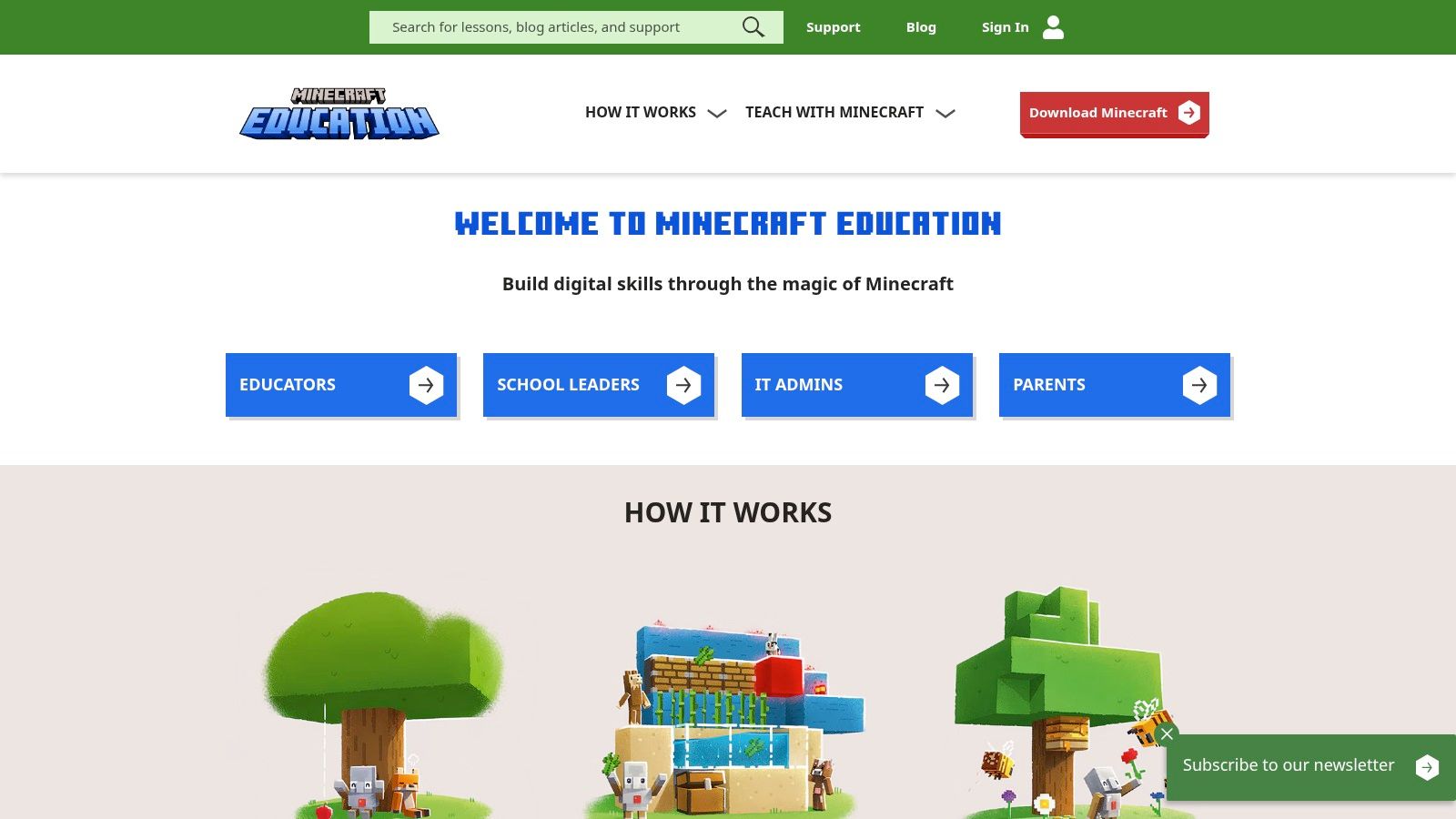 A screenshot of the Minecraft: Education website homepage, showing a colourful block-based world with characters exploring. The text reads "Unlock the power of play with Minecraft Education."