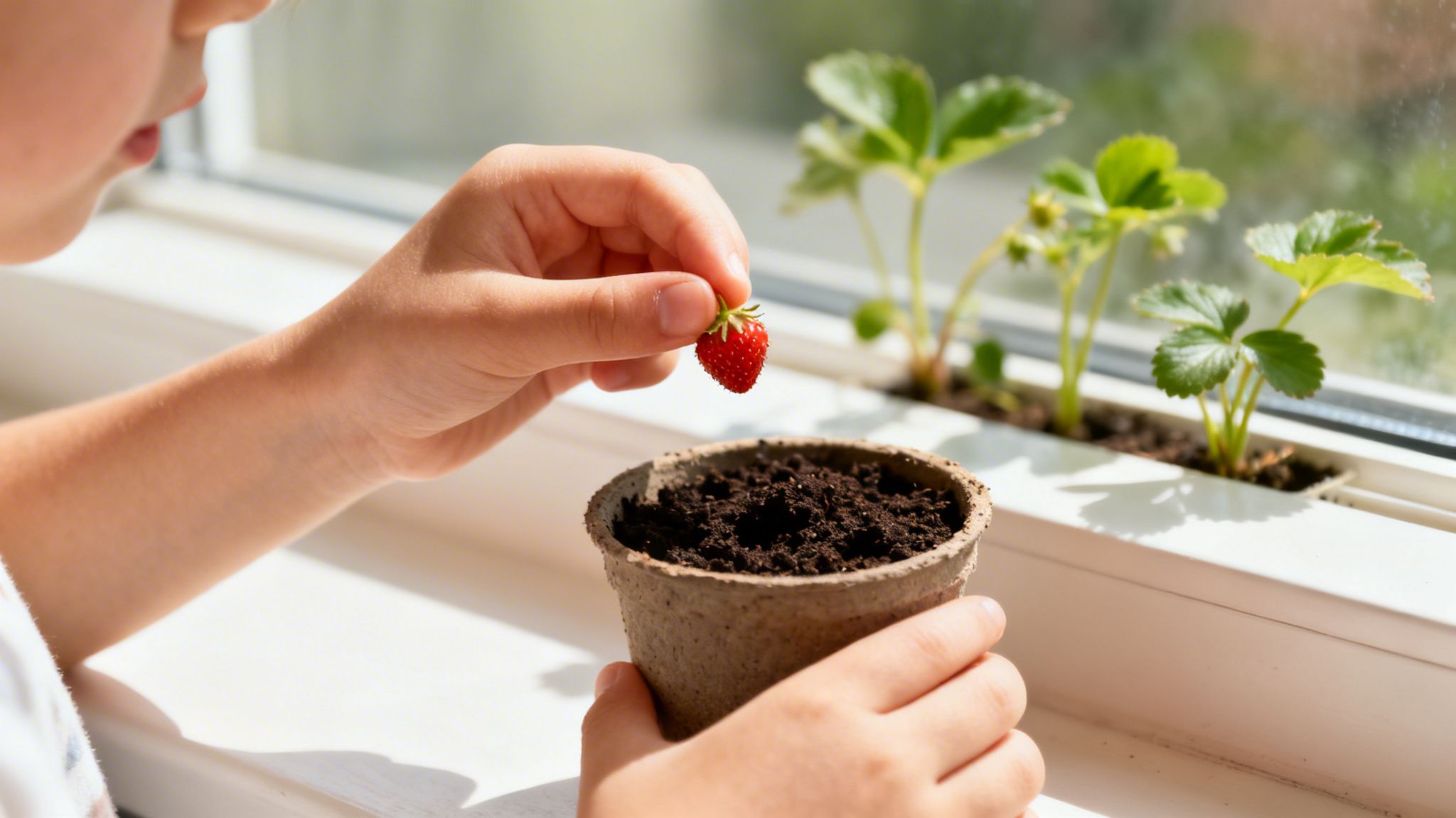 Child's hands holding a small strawberry over a pot of soil, with plants on a windowsill.