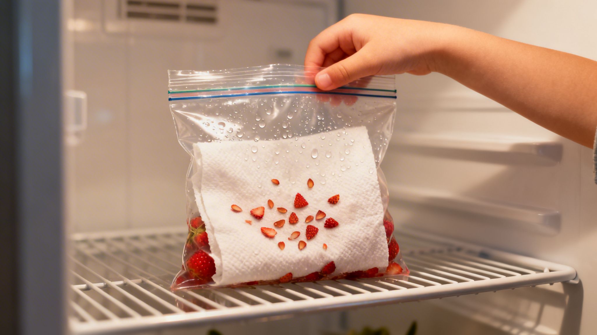 A hand places a clear plastic bag of fresh strawberries with a paper towel into a refrigerator.