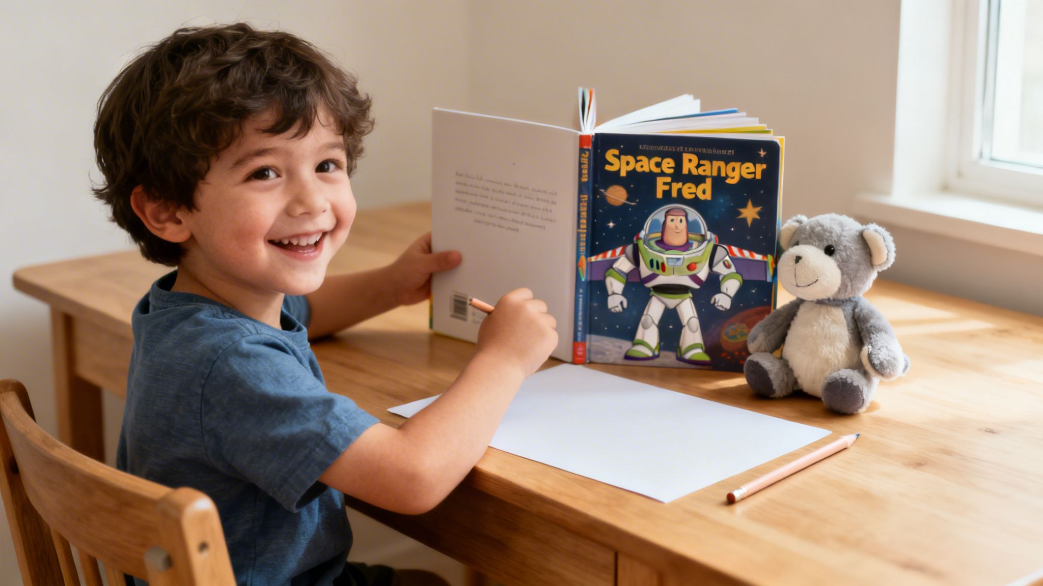 A smiling young boy at a desk with a Buzz Lightyear book, a teddy bear, and a pencil.