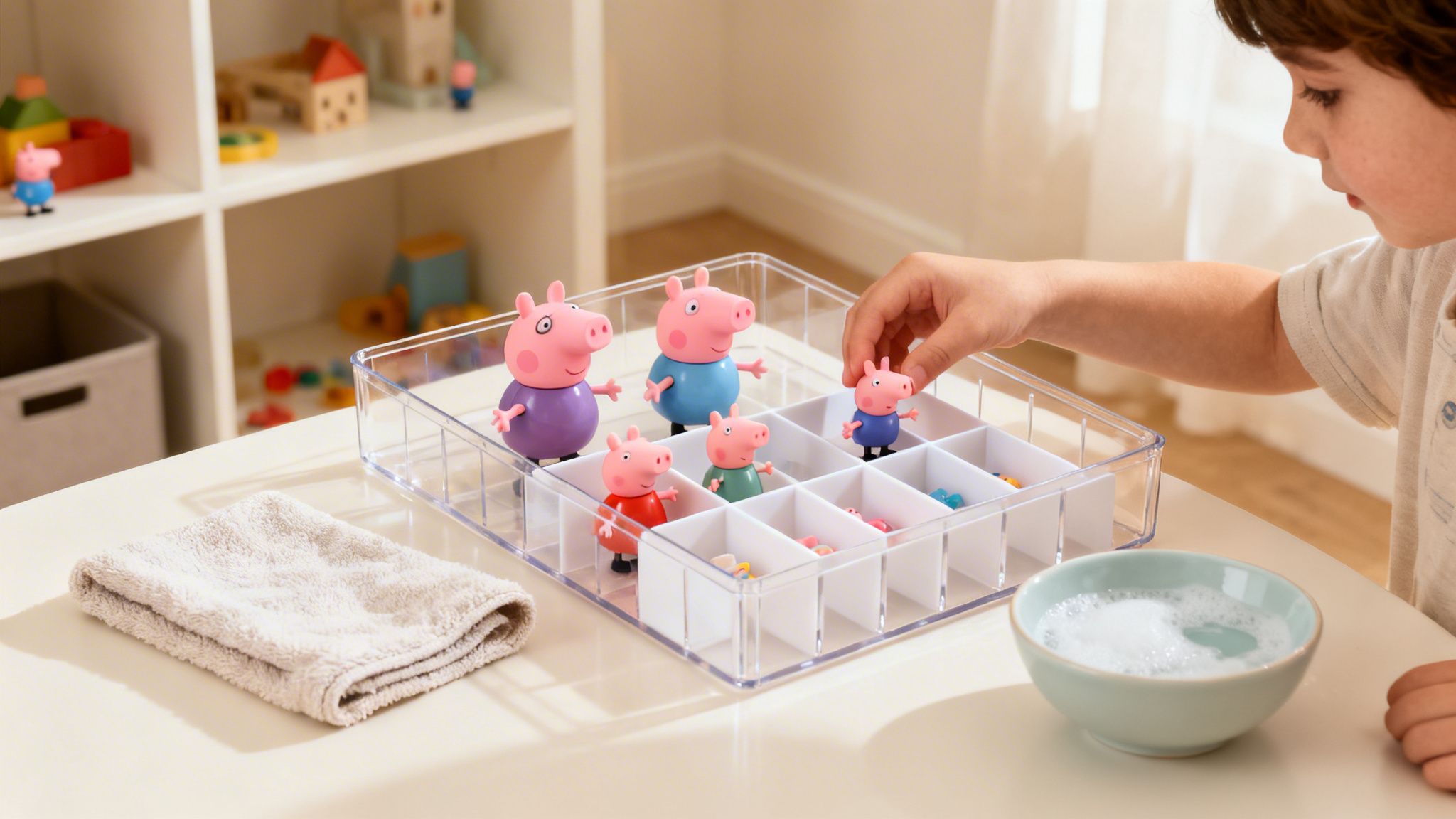 Children organising their Peppa Pig figures into a clear storage box.