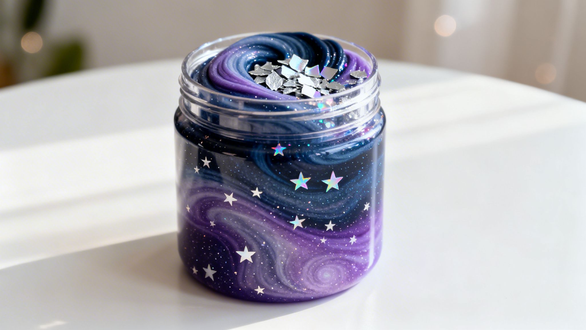 A clear jar filled with galaxy-themed slime, featuring swirling blue and purple colours, glitter, and star decals.