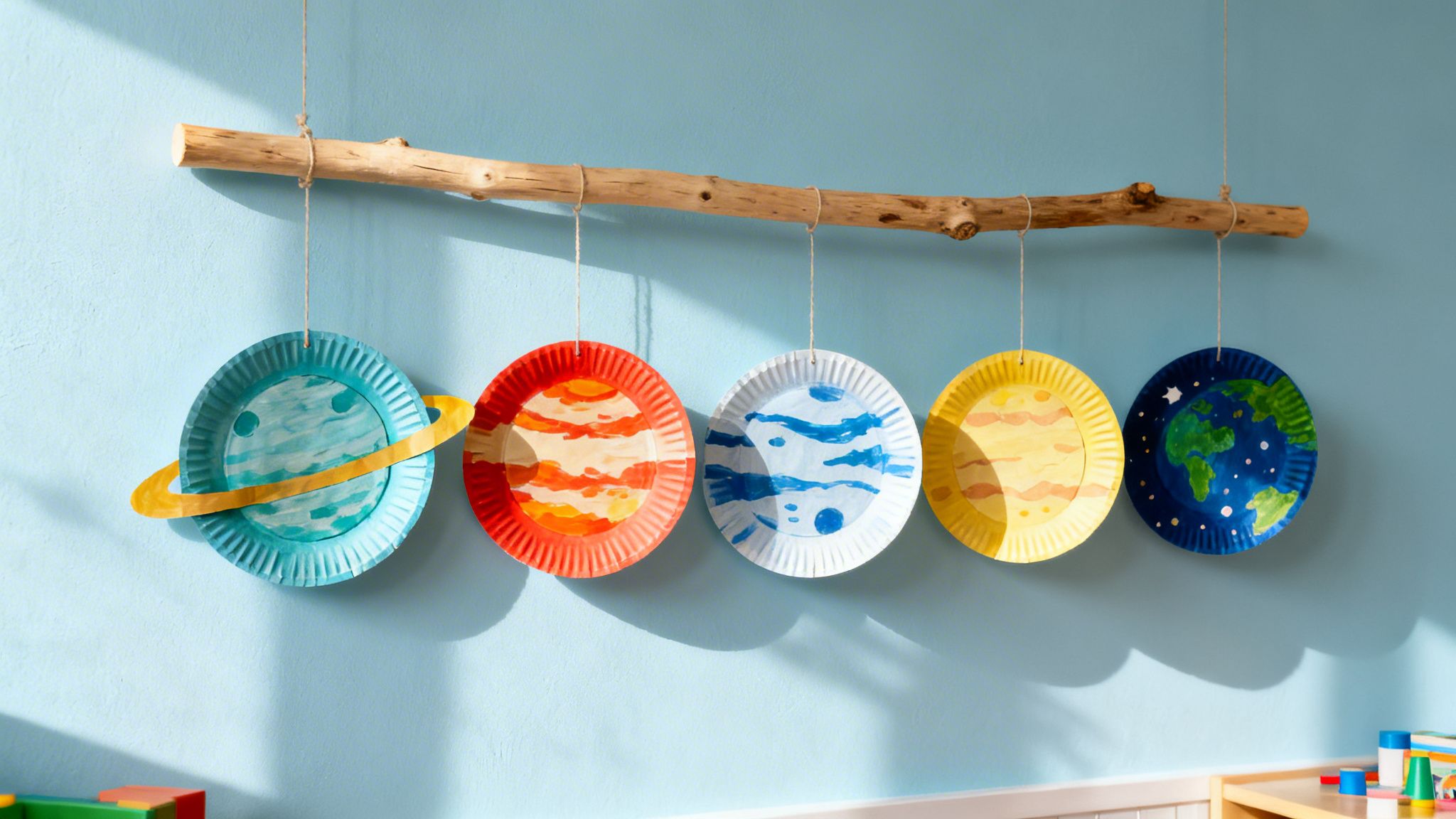 Five colorful paper plate planet crafts, including Saturn and Earth, hang from a wooden branch against a blue wall.