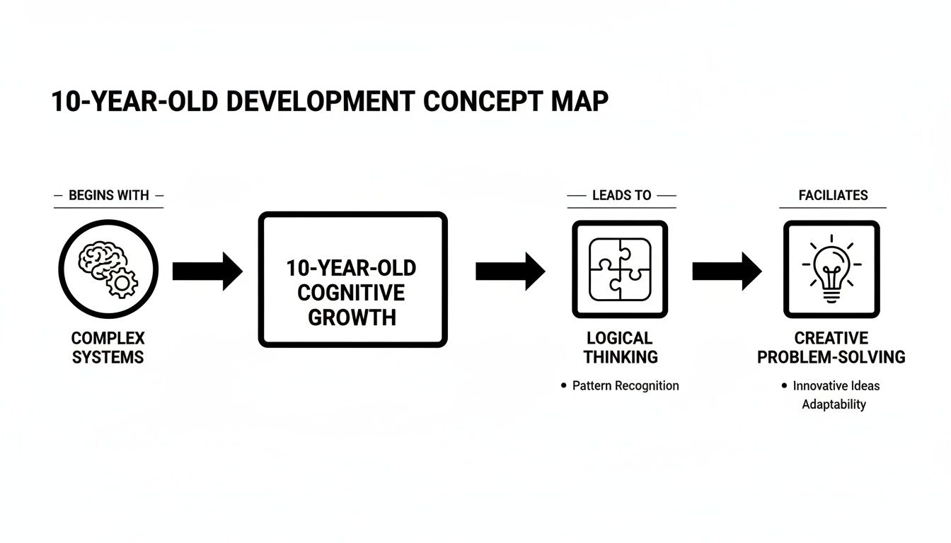 This concept map illustrates the cognitive development of a 10-year-old, from complex systems to creative problem-solving.