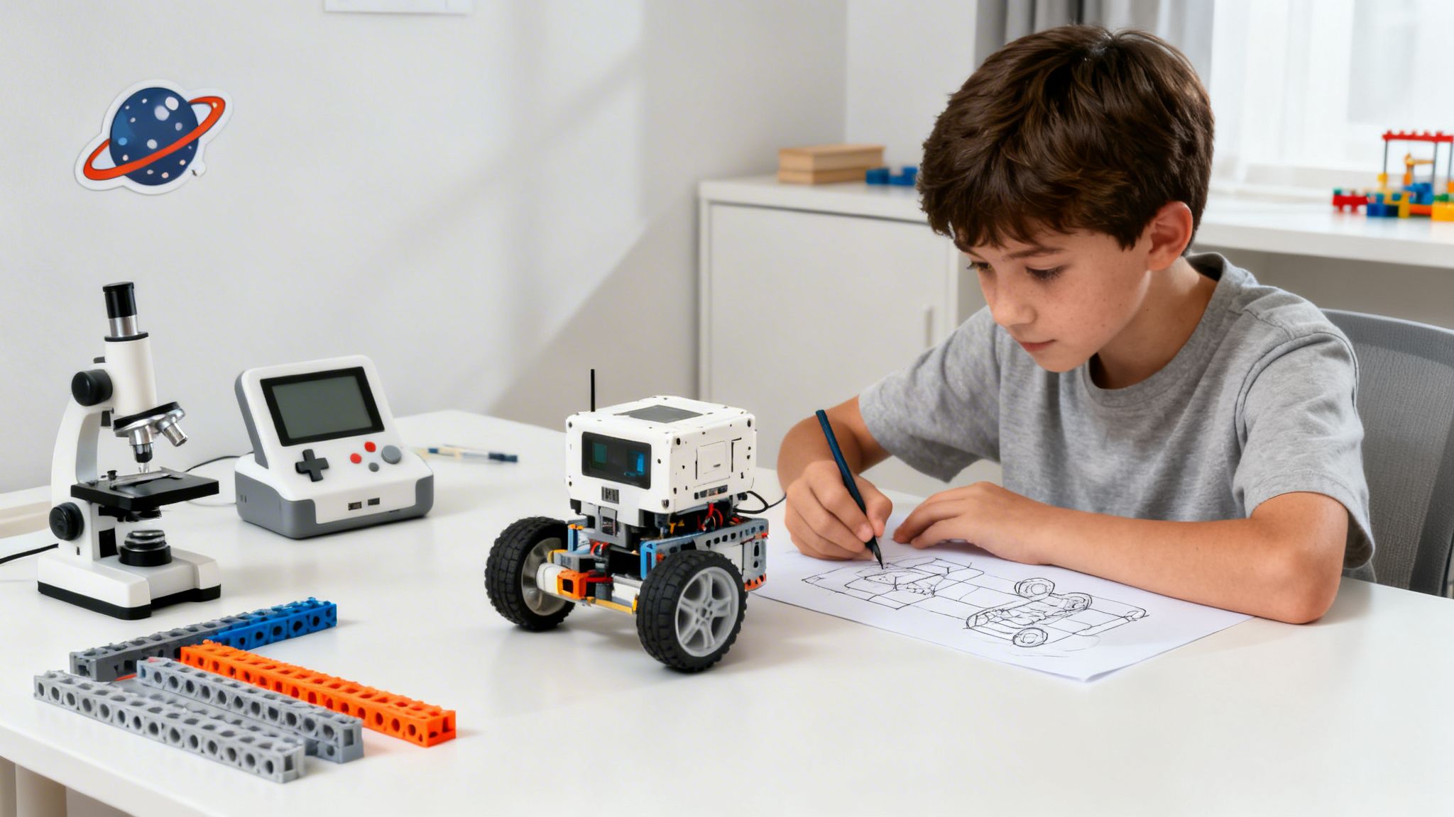 A focused young boy drawing a car design, surrounded by a robot, microscope, and other STEM toys.