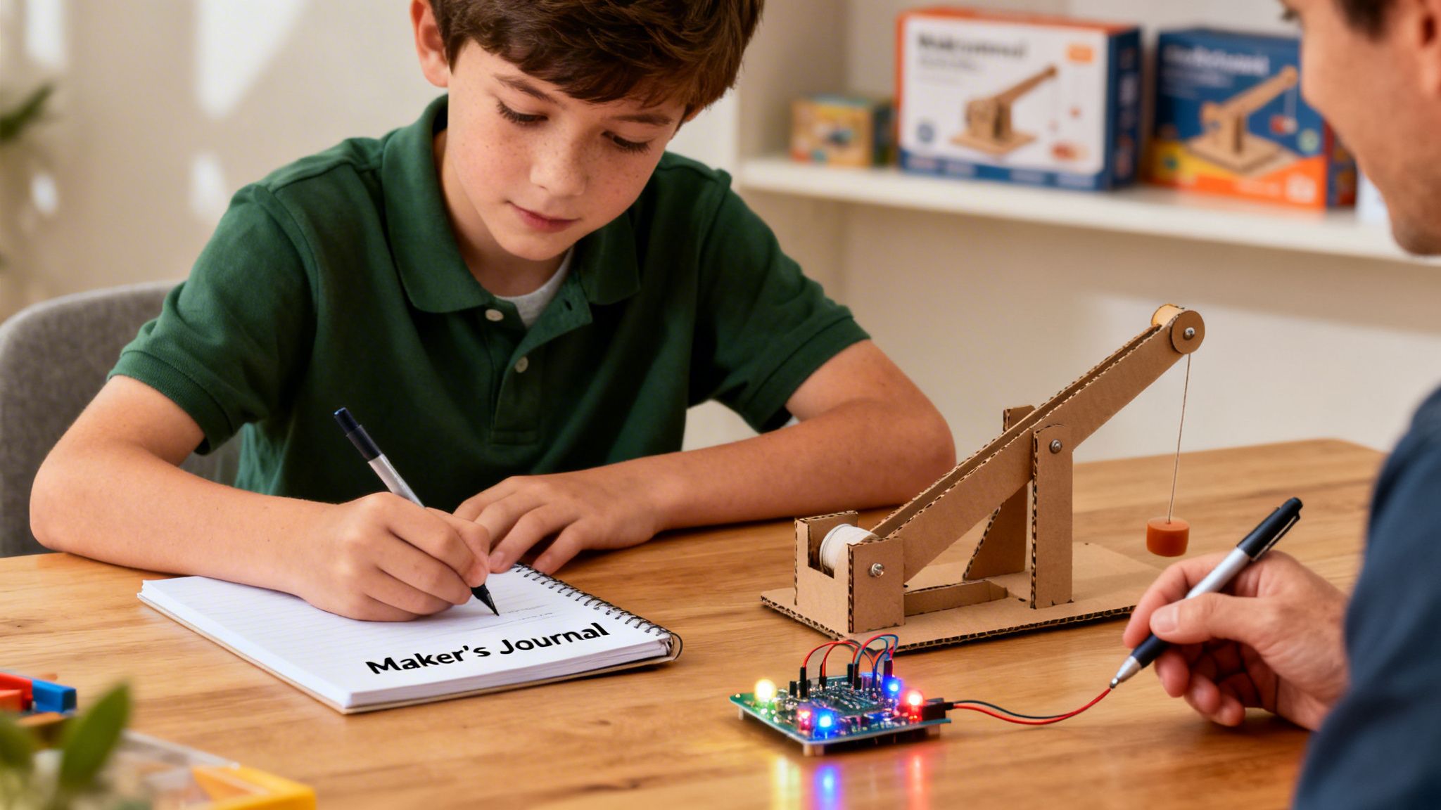 A young boy writes in a 'Maker's Journal' while an adult supervises a cardboard crane and circuit board STEM project.