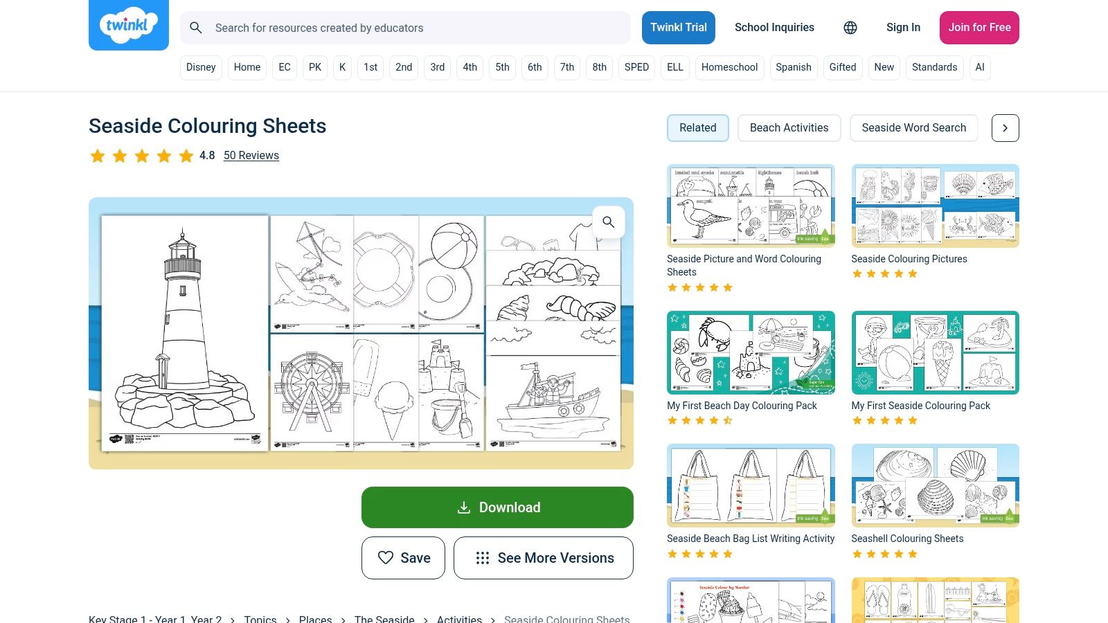British Council – LearnEnglish Kids: Beach “Read and Colour” worksheet