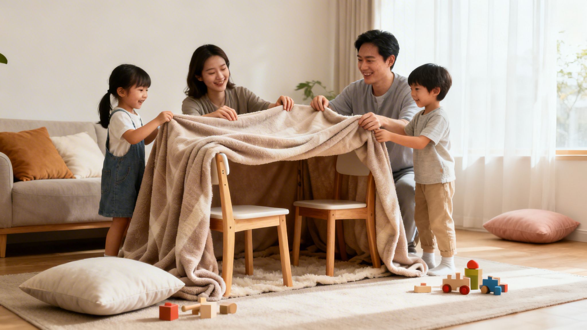 Happy Asian family building a blanket fort together in a bright living room.