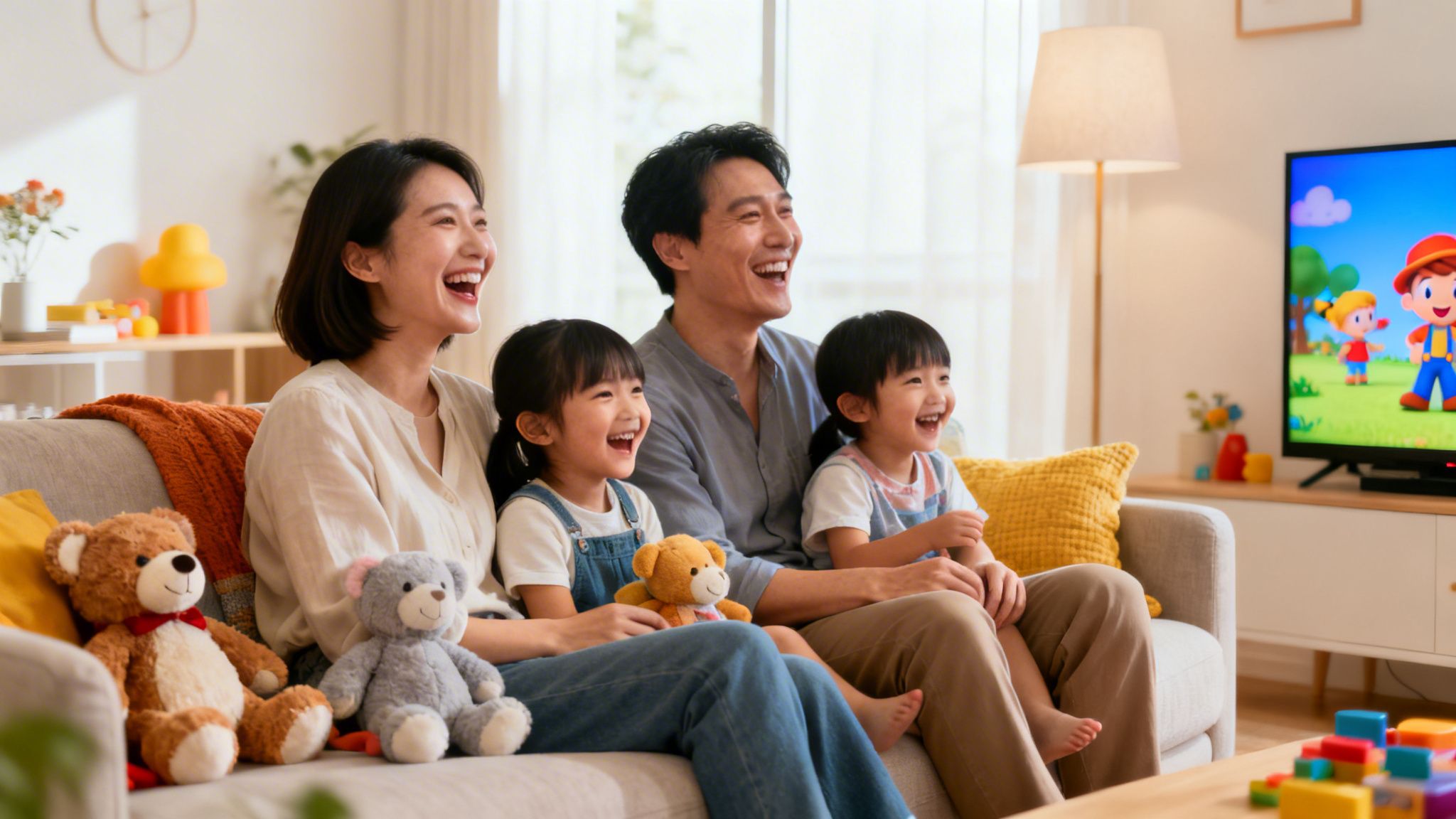 A joyful Asian family watching an animated TV show together in their living room.