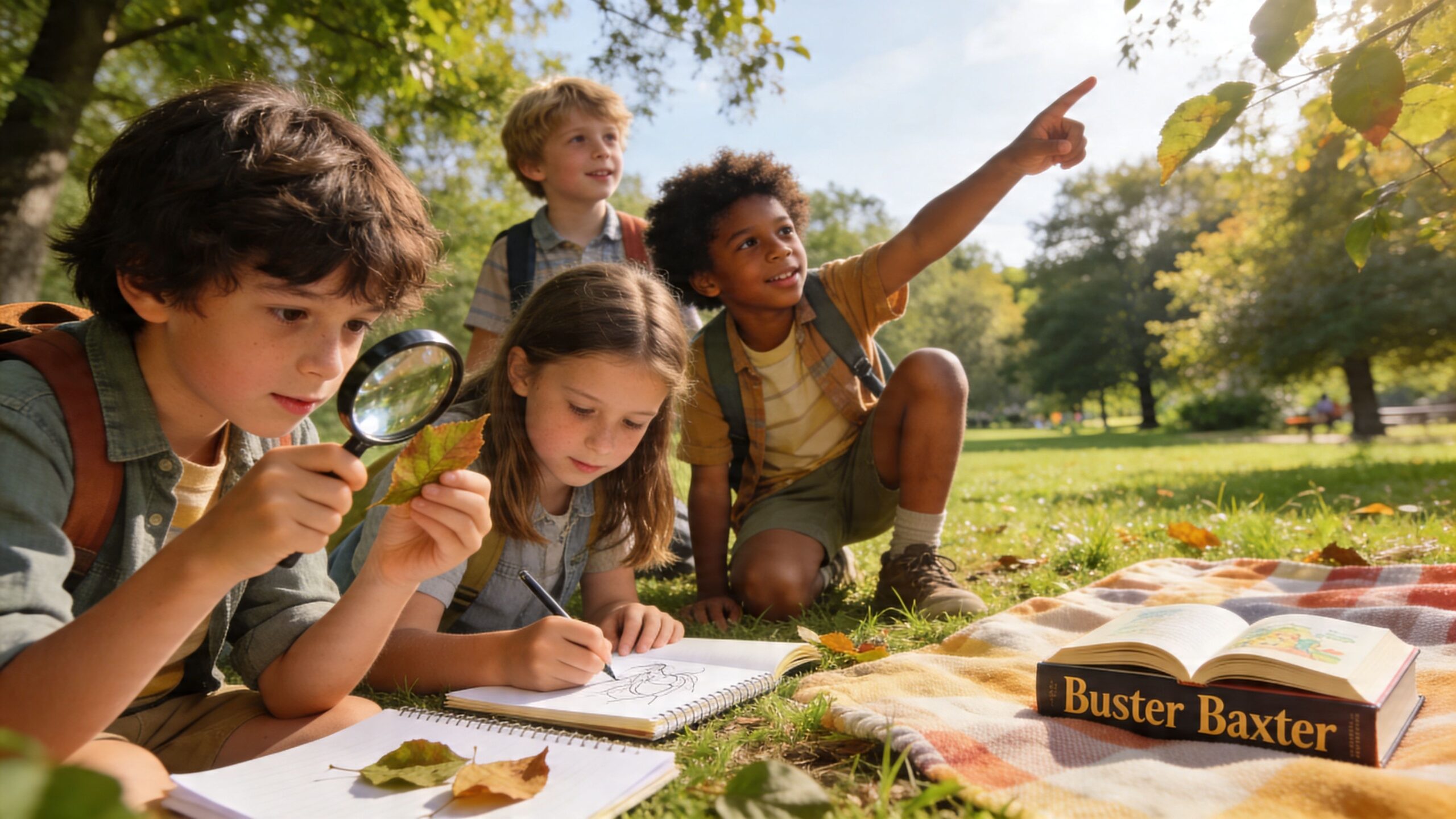 A group of children exploring nature with a magnifying glass, drawing in notebooks on a picnic blanket.