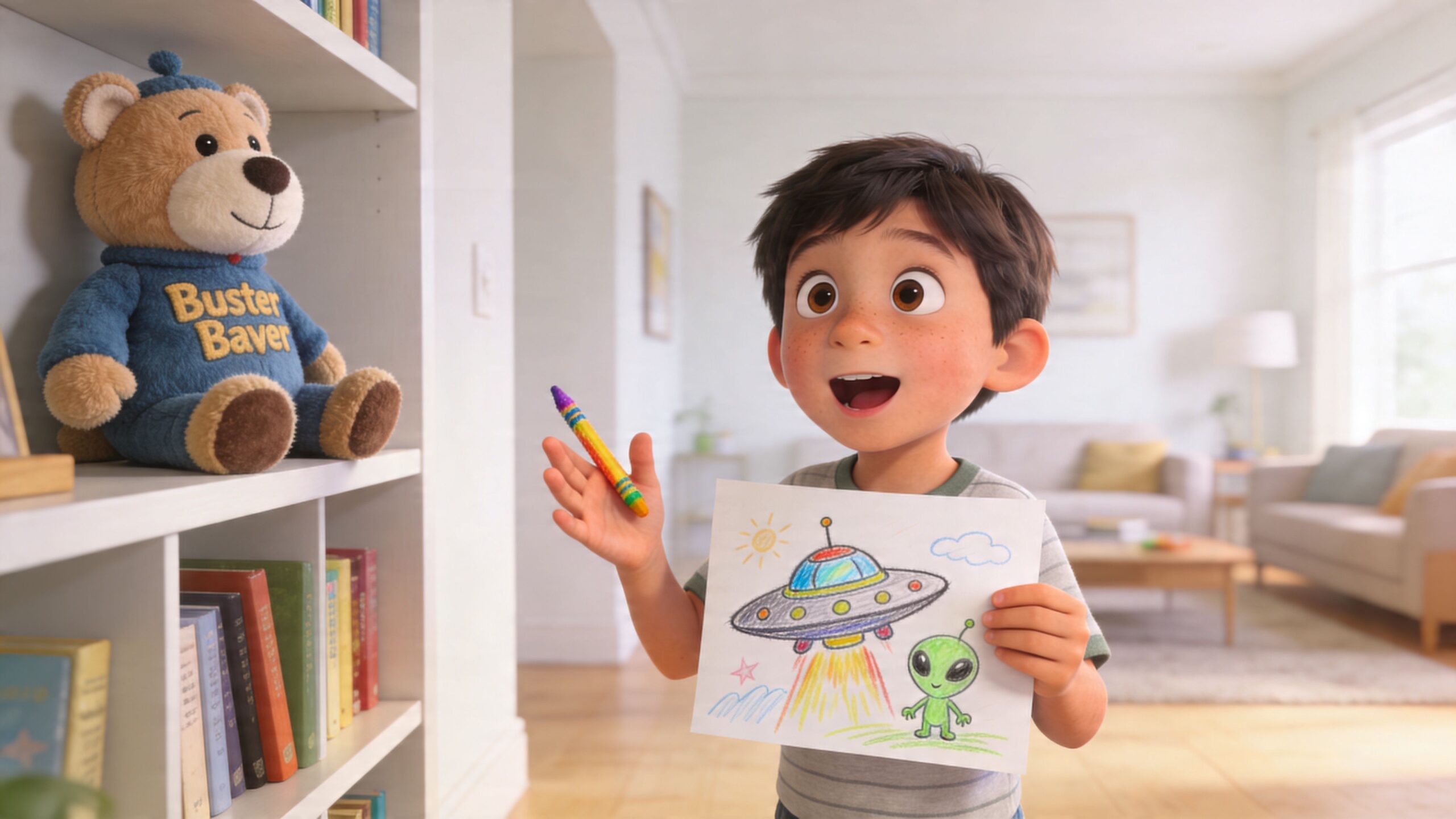 A young boy holds a drawing of a UFO and an alien while holding a colorful crayon.