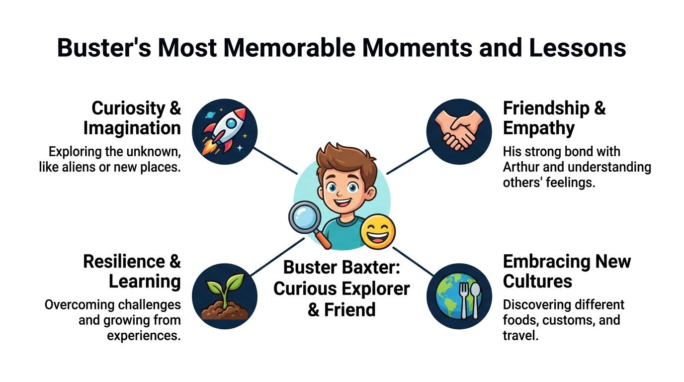 An infographic titled Buster's Most Memorable Moments and Lessons detailing themes like curiosity, friendship, resilience, and culture.