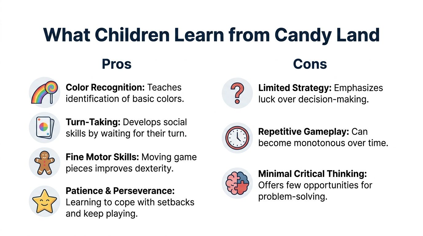 An infographic showing the educational pros and cons of playing the Candy Land board game for children.