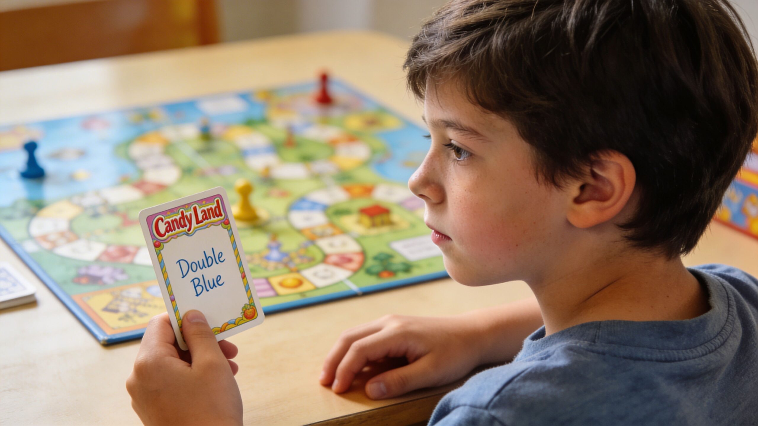 A young boy playing the Candy Land board game while holding a card that says Double Blue.