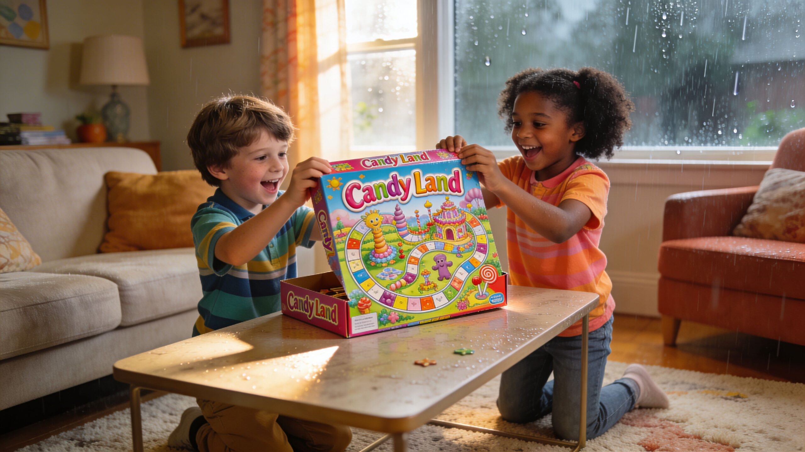 A young boy and girl laughing while playing with a Candyland board game on a living room table.