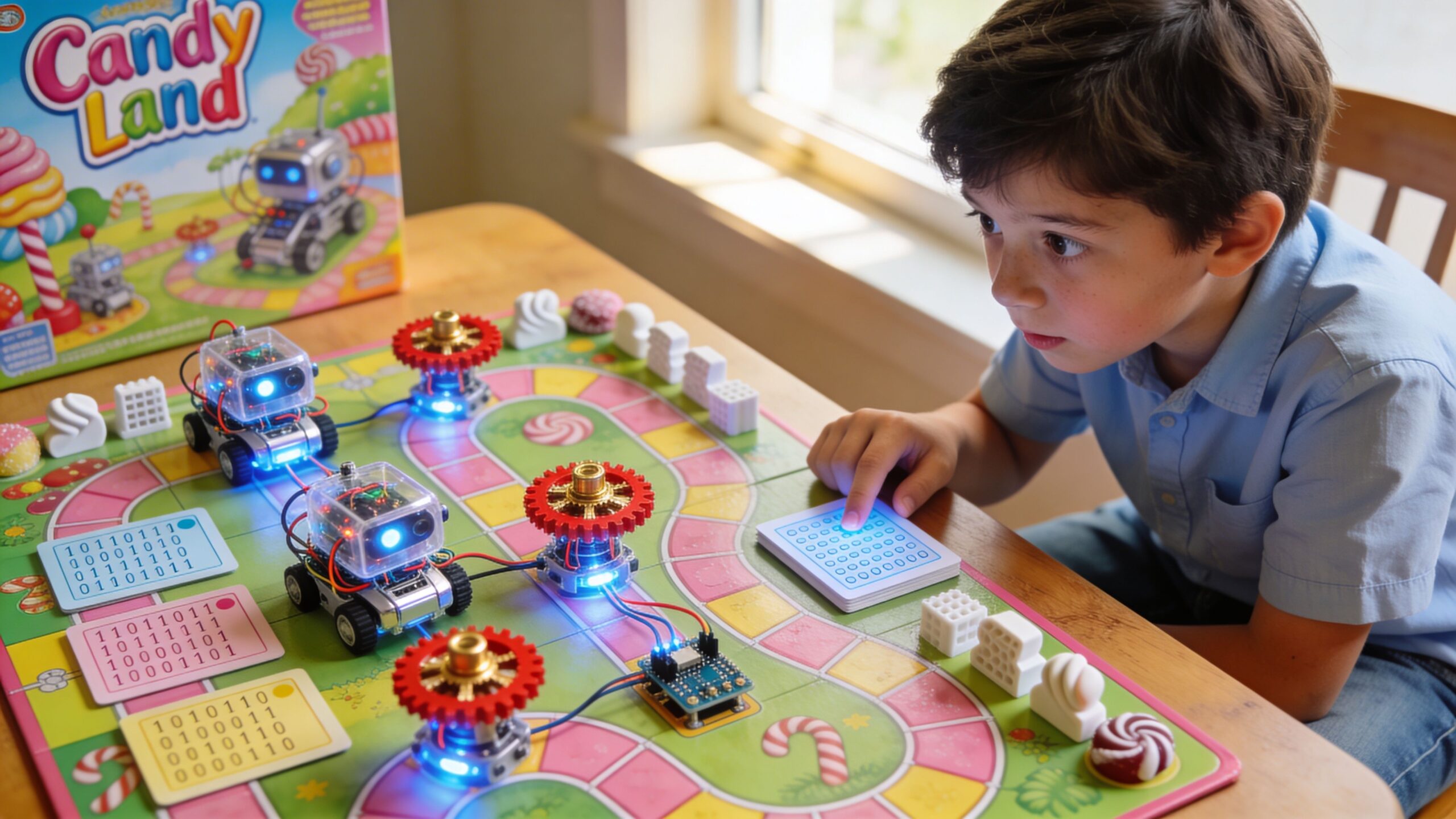 A young boy playing a futuristic version of Candyland board game with robotic pieces and logic cards.
