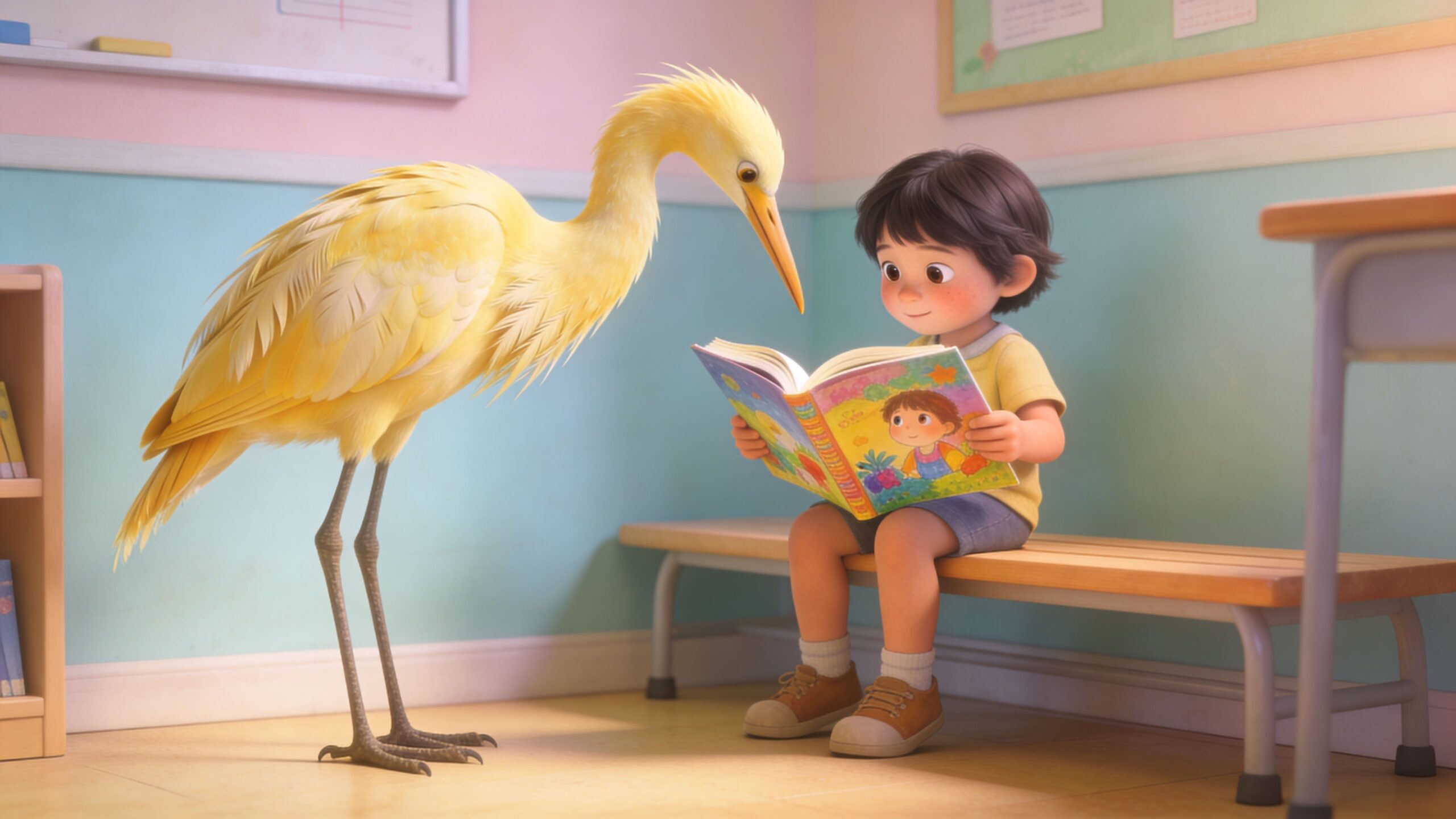 A friendly yellow heron bird looking at an open book with a young boy sitting on a bench.