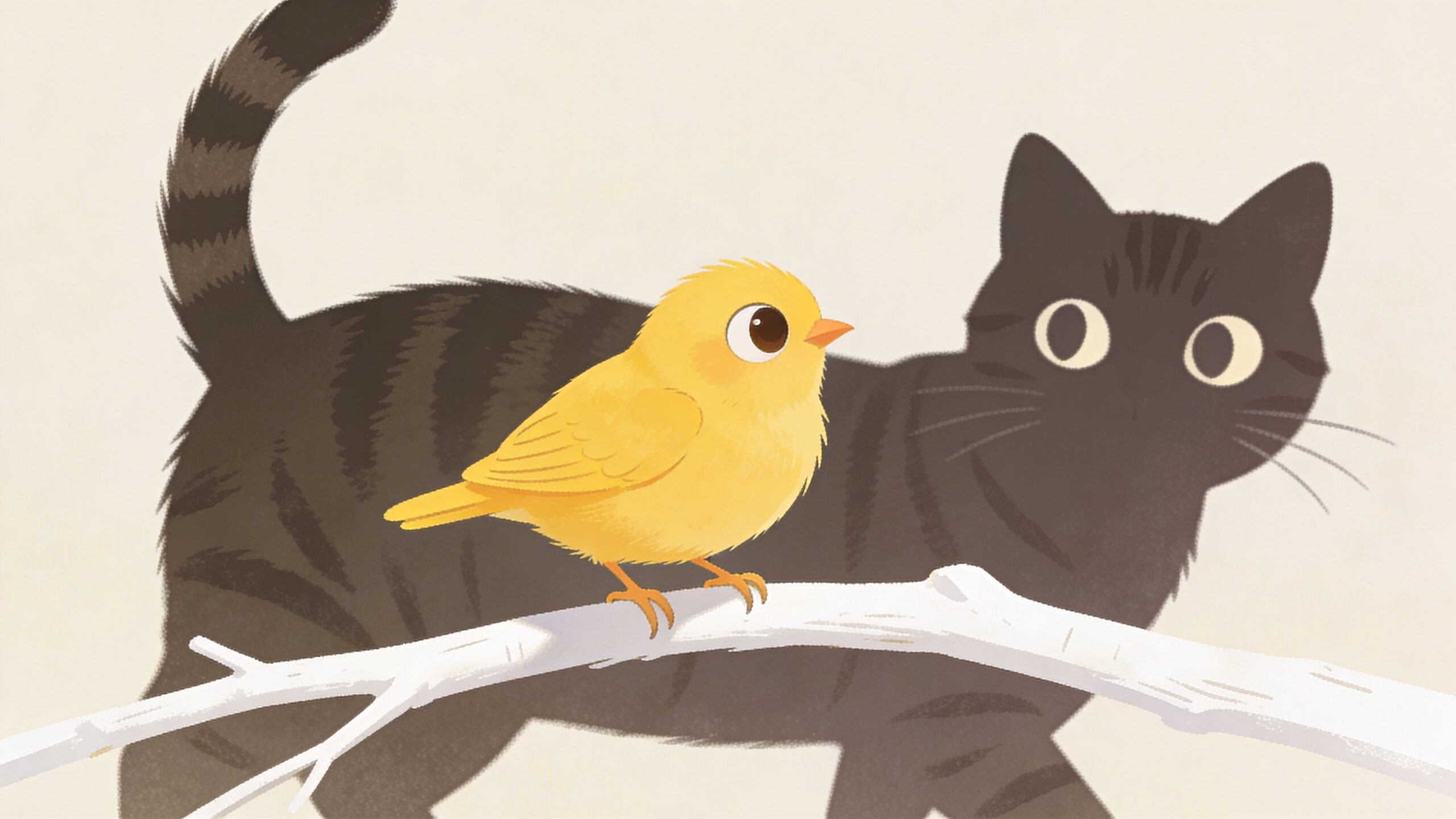 A whimsical digital illustration of a bright yellow canary perched on a branch in front of a cat.