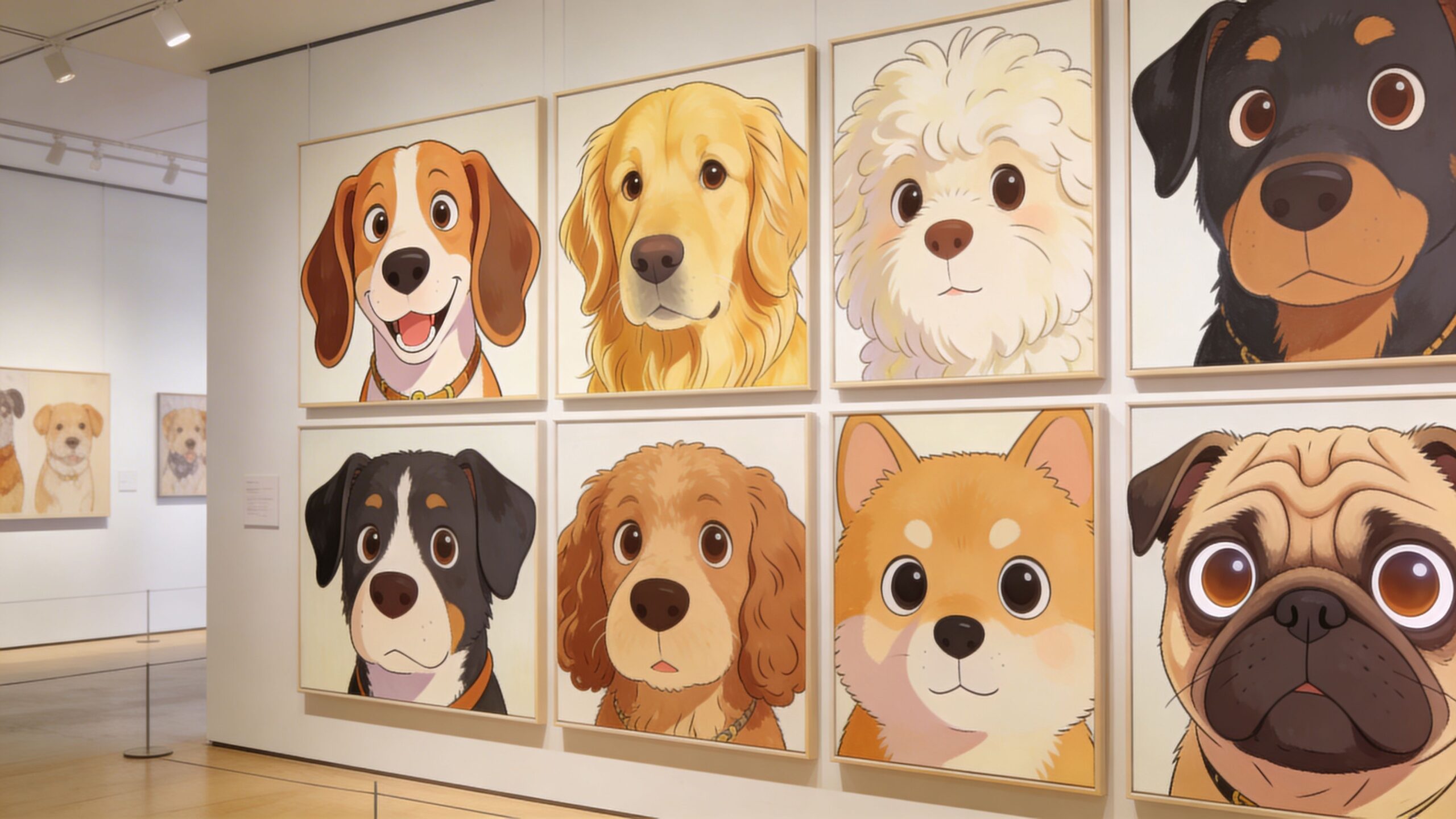 A gallery wall displaying several framed digital paintings of various cartoon dog faces on white walls.