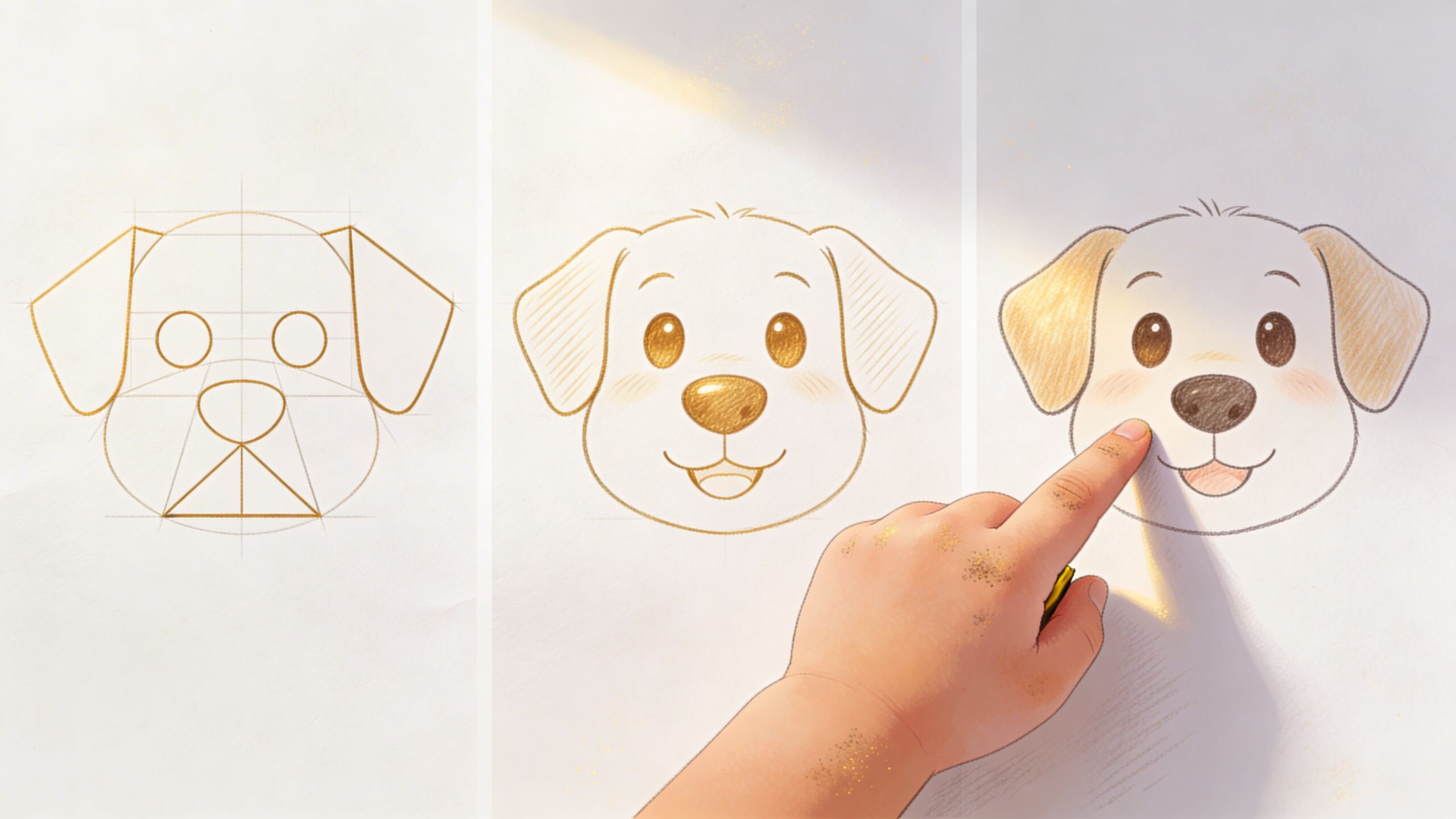 A child's hand drawing a cute cartoon dog face on a white paper in three stages.