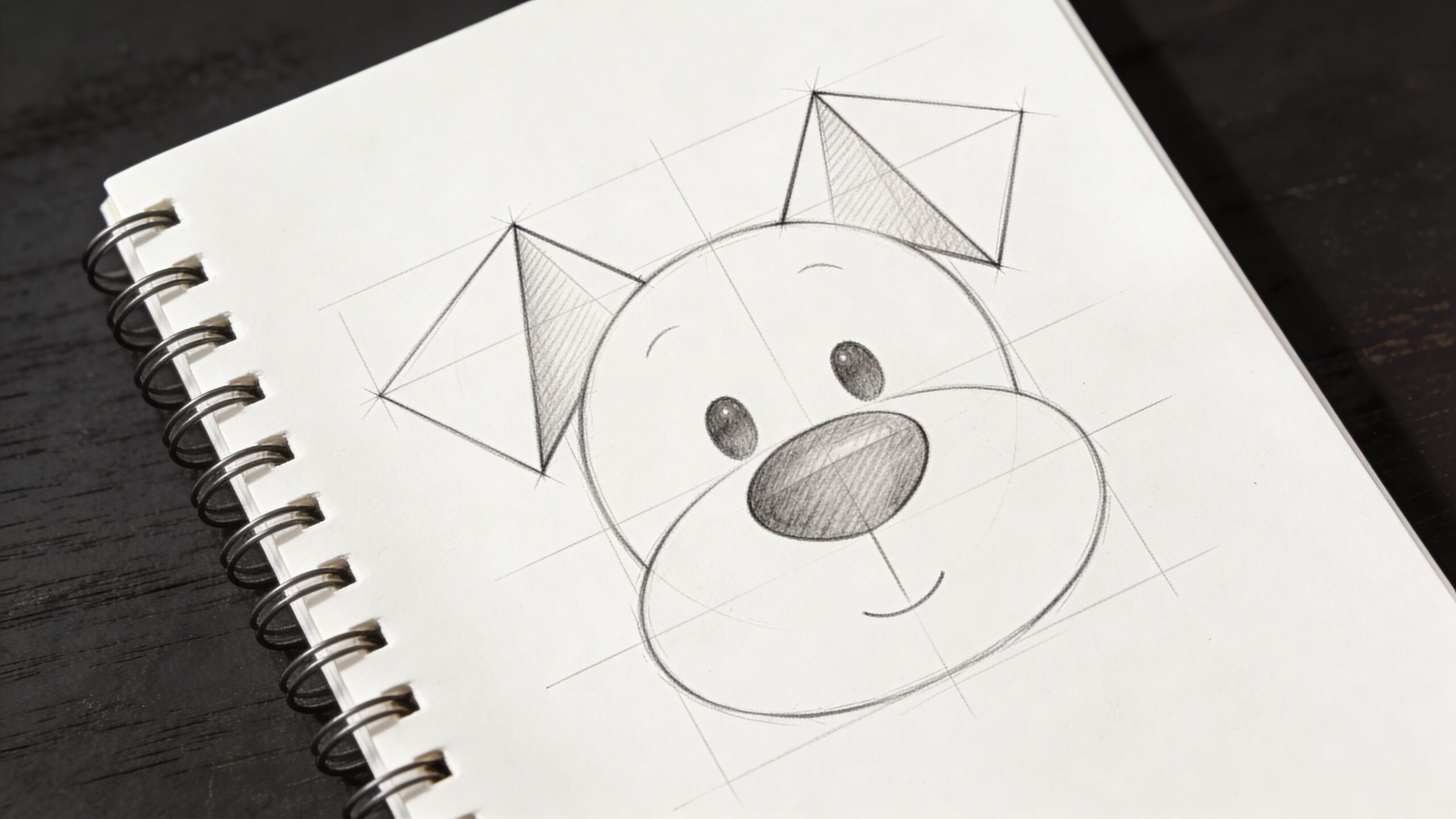 A graphite pencil sketch of a cute cartoon dog face drawn on a spiral notebook page.