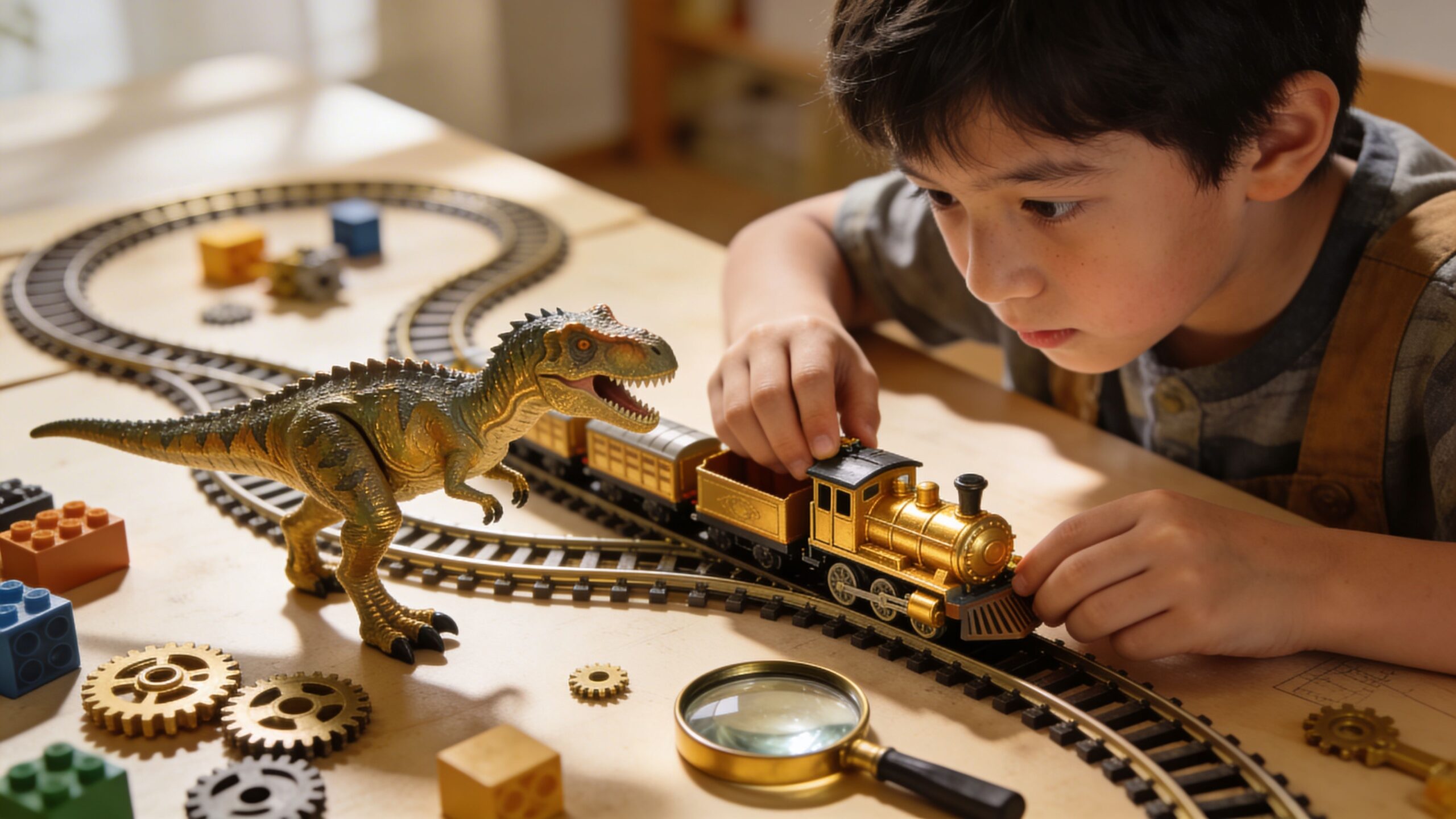 A young boy plays with a toy train set and a realistic dinosaur figure on a wooden table.