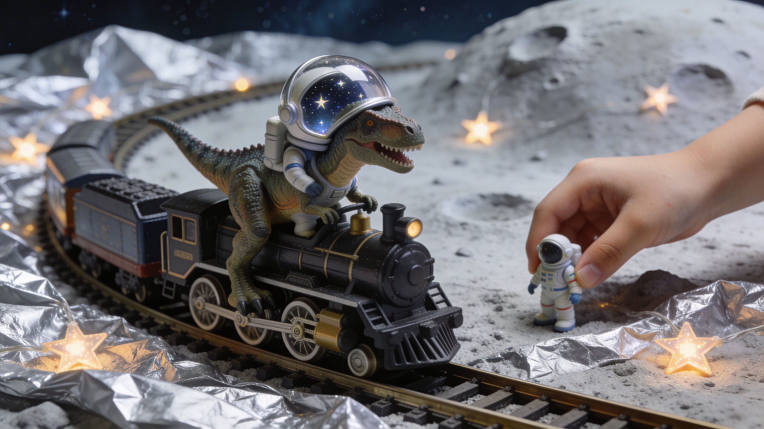 A toy dinosaur wearing an astronaut helmet rides a model steam train on a lunar surface setup.