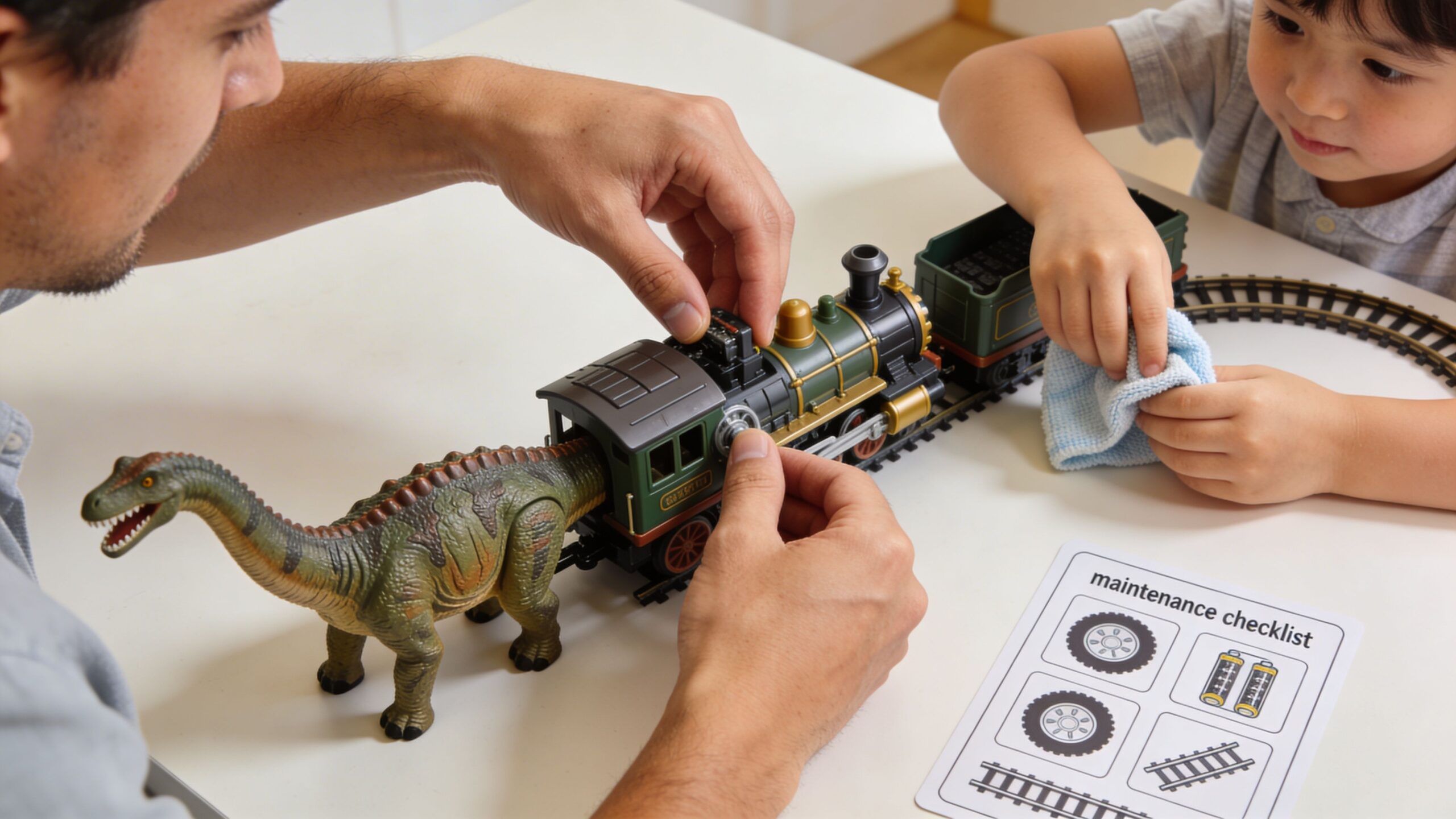 A father and son play together, cleaning and maintaining their toy steam train and dinosaur figure set.