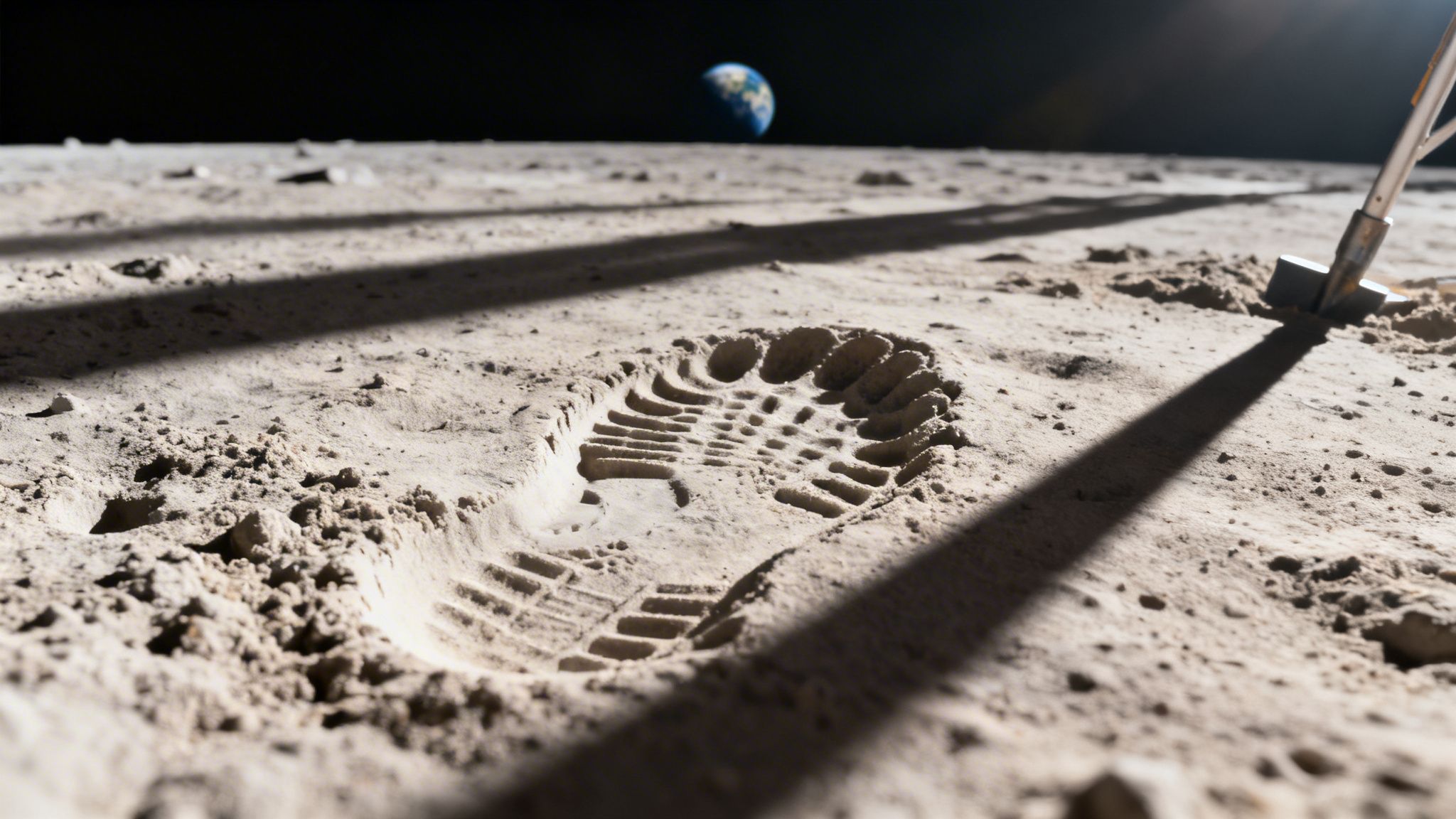 A clear astronaut's footprint on the dusty lunar surface, with Earth visible in the dark sky.