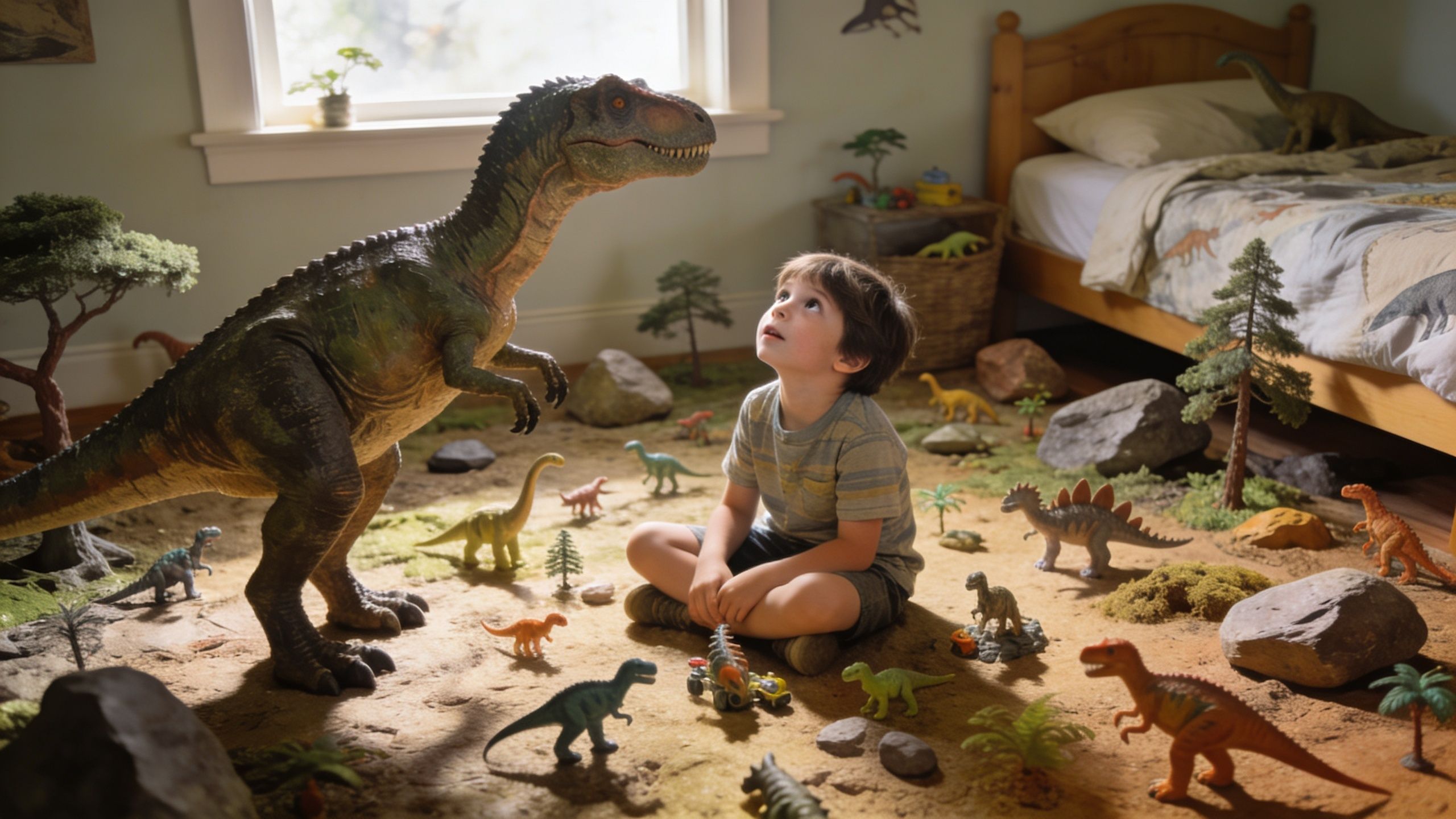 A young boy sits on his bedroom floor playing with a large collection of realistic toy dinosaurs.