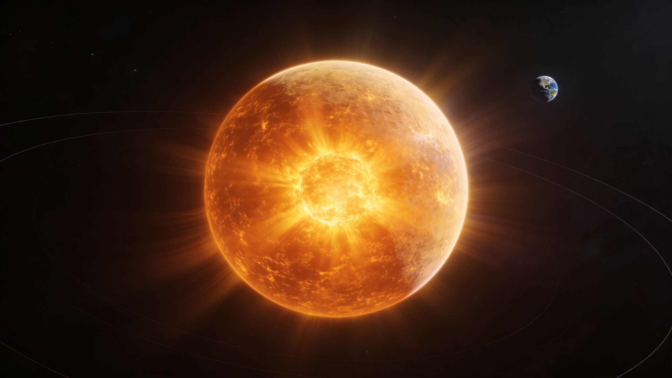 A massive glowing celestial body illuminating a small blue planet in the dark expanse of deep space.