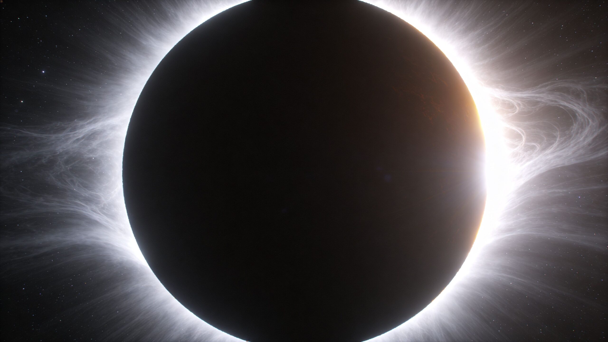 A spectacular solar eclipse showing the glowing white corona surrounding the dark silhouette of the moon