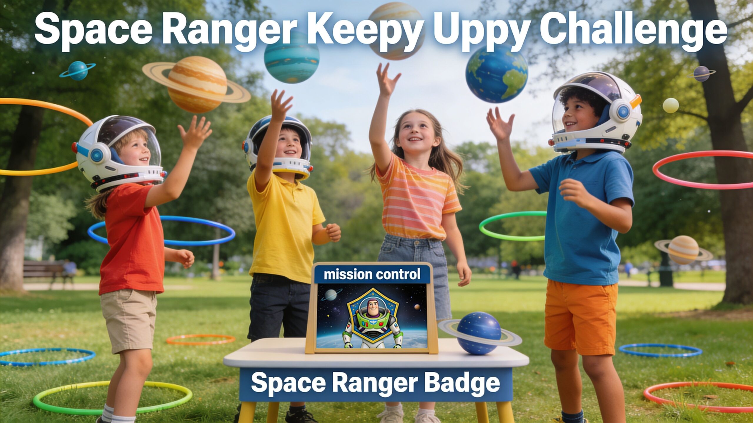 Four happy children wearing astronaut helmets playing with floating planet balls in a sunny park.