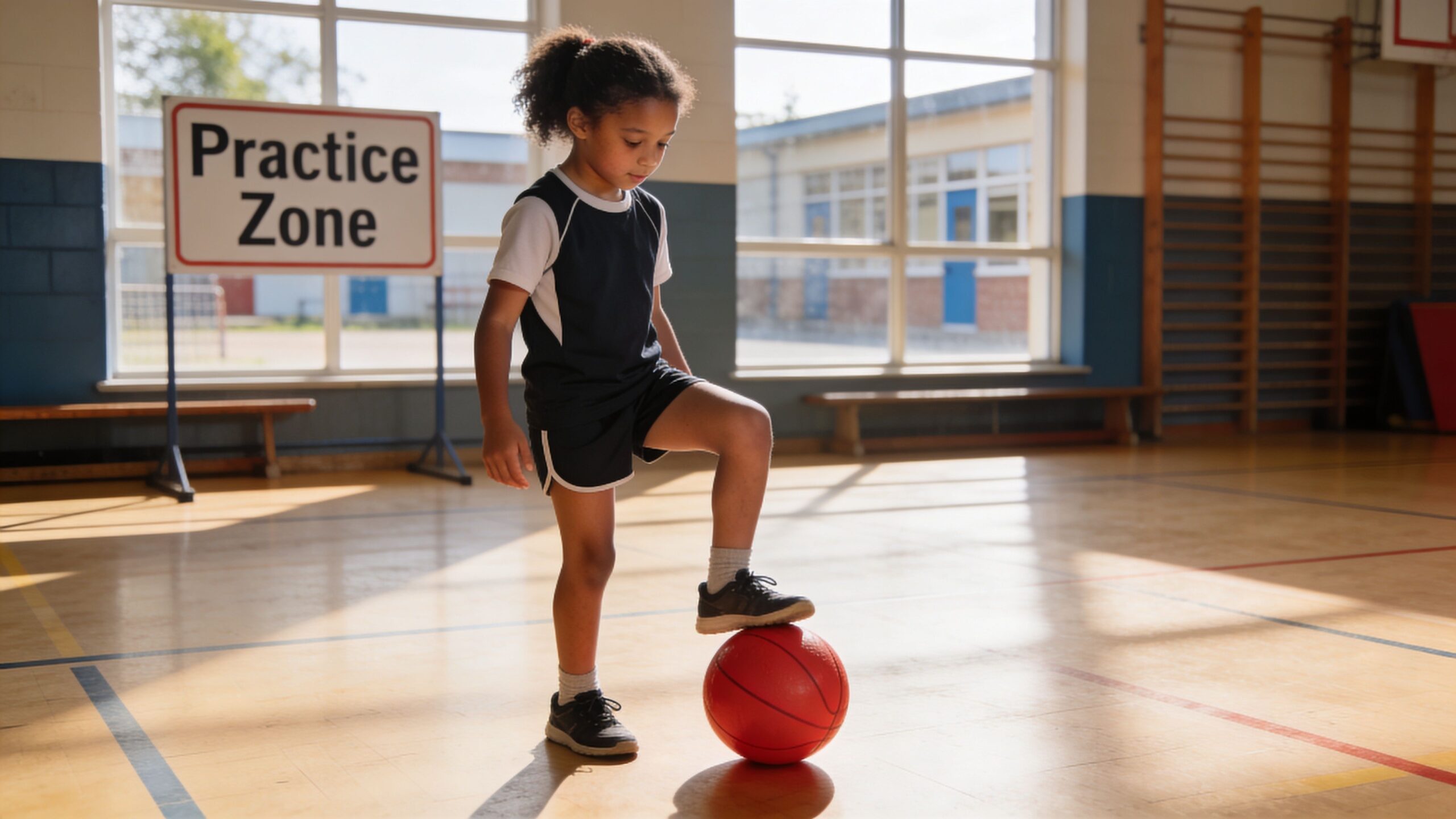 A young girl in sports clothes practicing soccer skills by resting her foot on a red ball.
